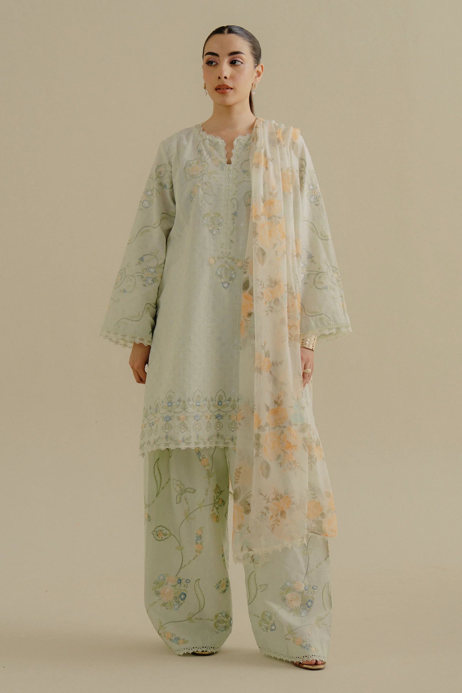 COCO By Zara Shahjahan Elva-1B Front View - Mint Jacquard Lawn Suit