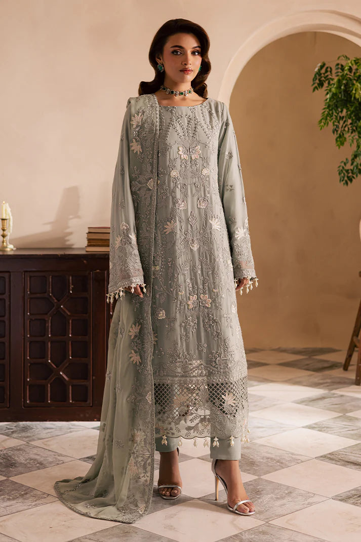 Front view of ISMIRA embroidered chiffon dress by Emaan Adeel