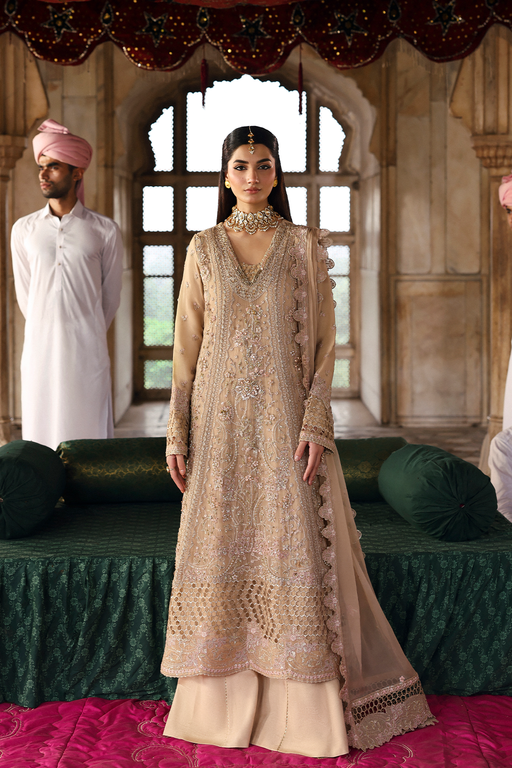 SHAHNOOR golden chiffon embroidered luxury dress