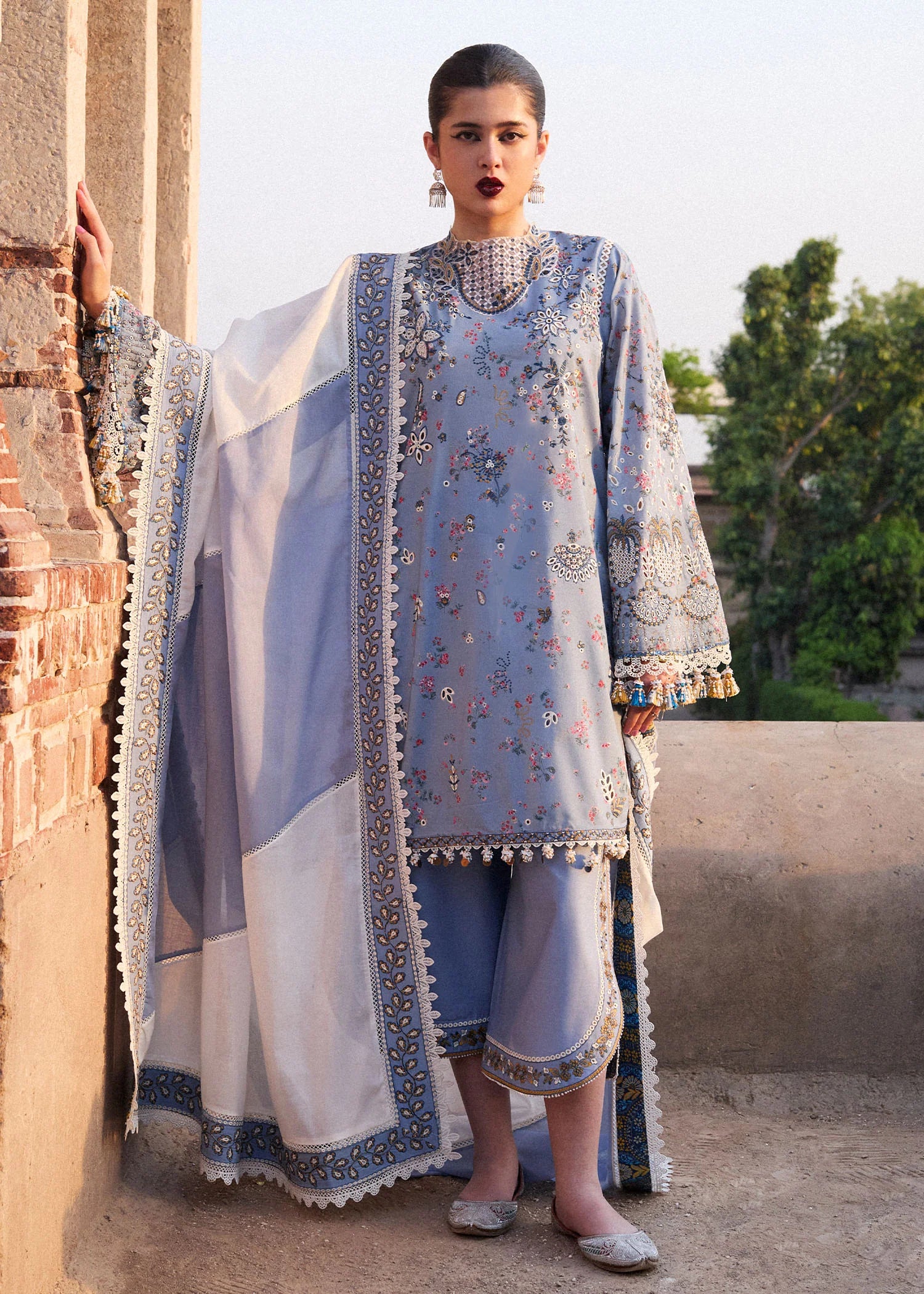 HussainRehar Fira Lawn Suit – Front View (Ice Blue, NIRMAL SS'25)