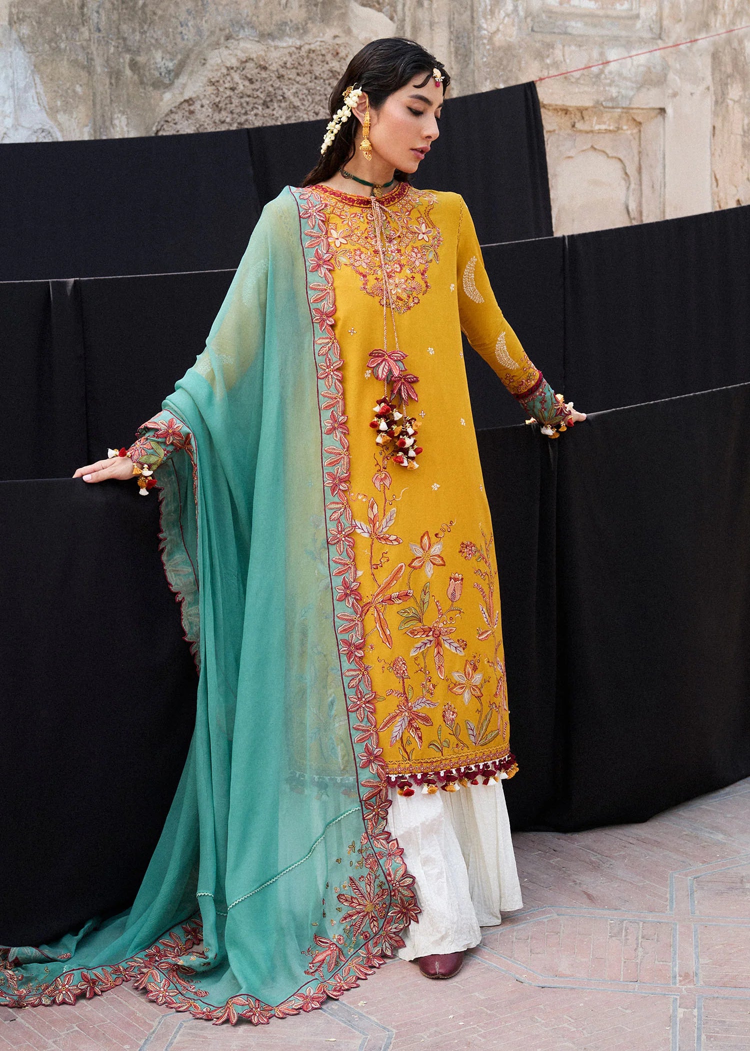 HussainRehar NIRMAL SS'25 Masam Mustard Lawn Suit - Front View