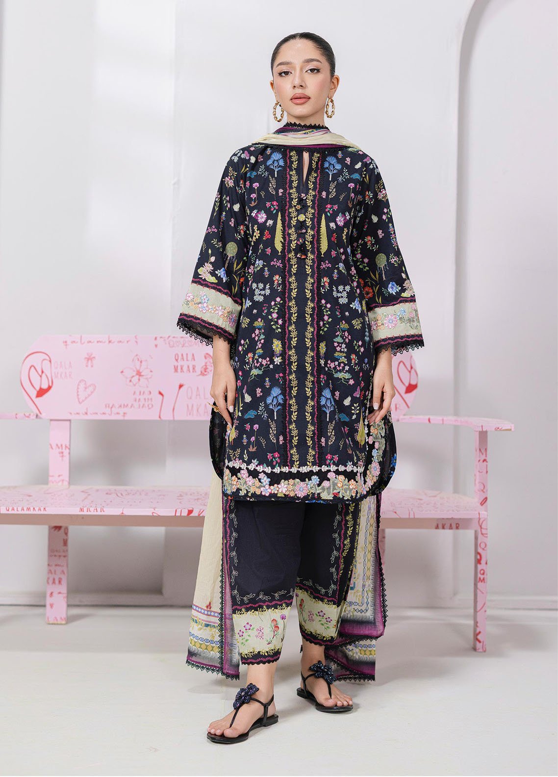 Full front view of Qalamkar EM-09B PAIGE printed lawn suit