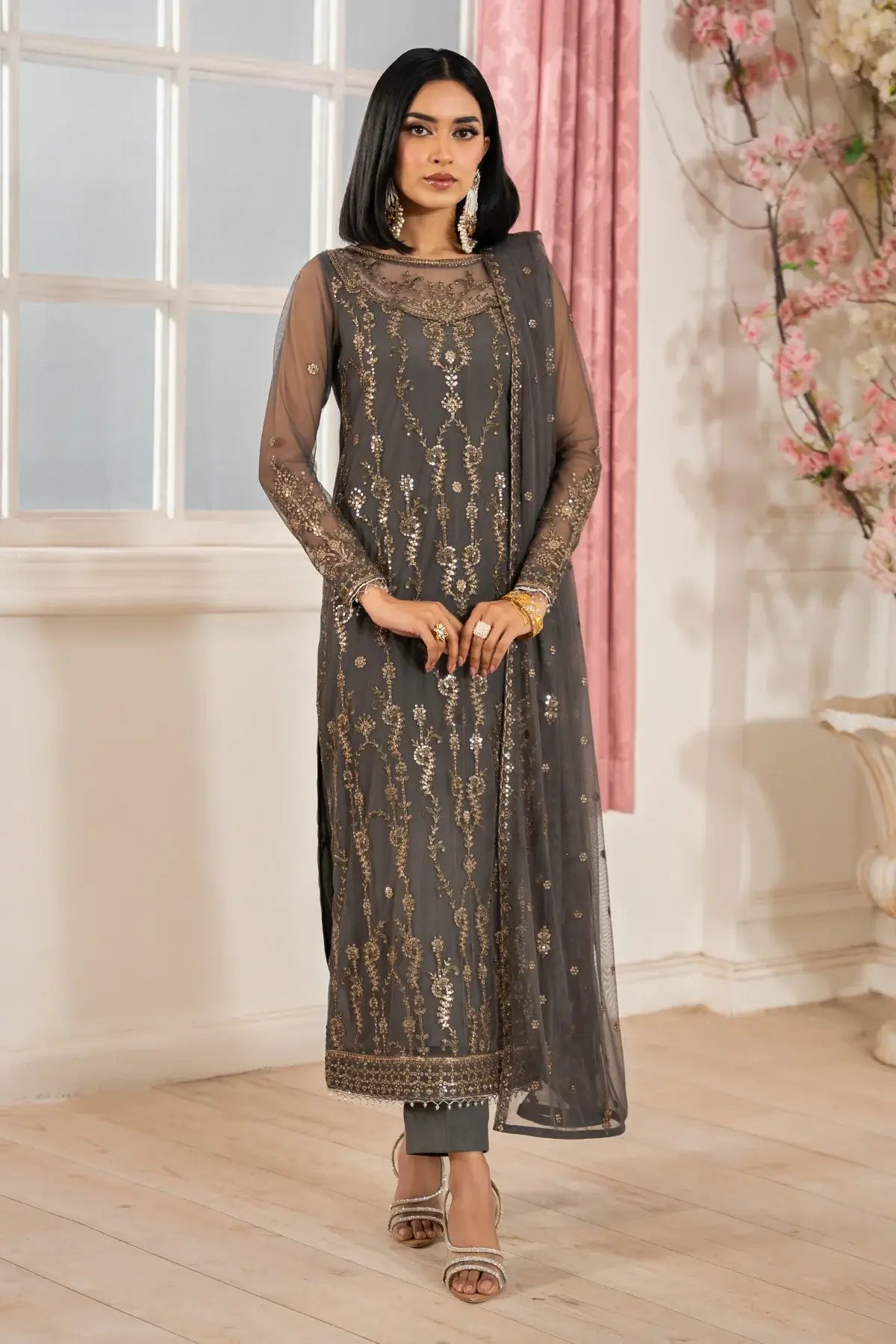 Front view of Z-04 SORAYA embroidered net dress by Zarif