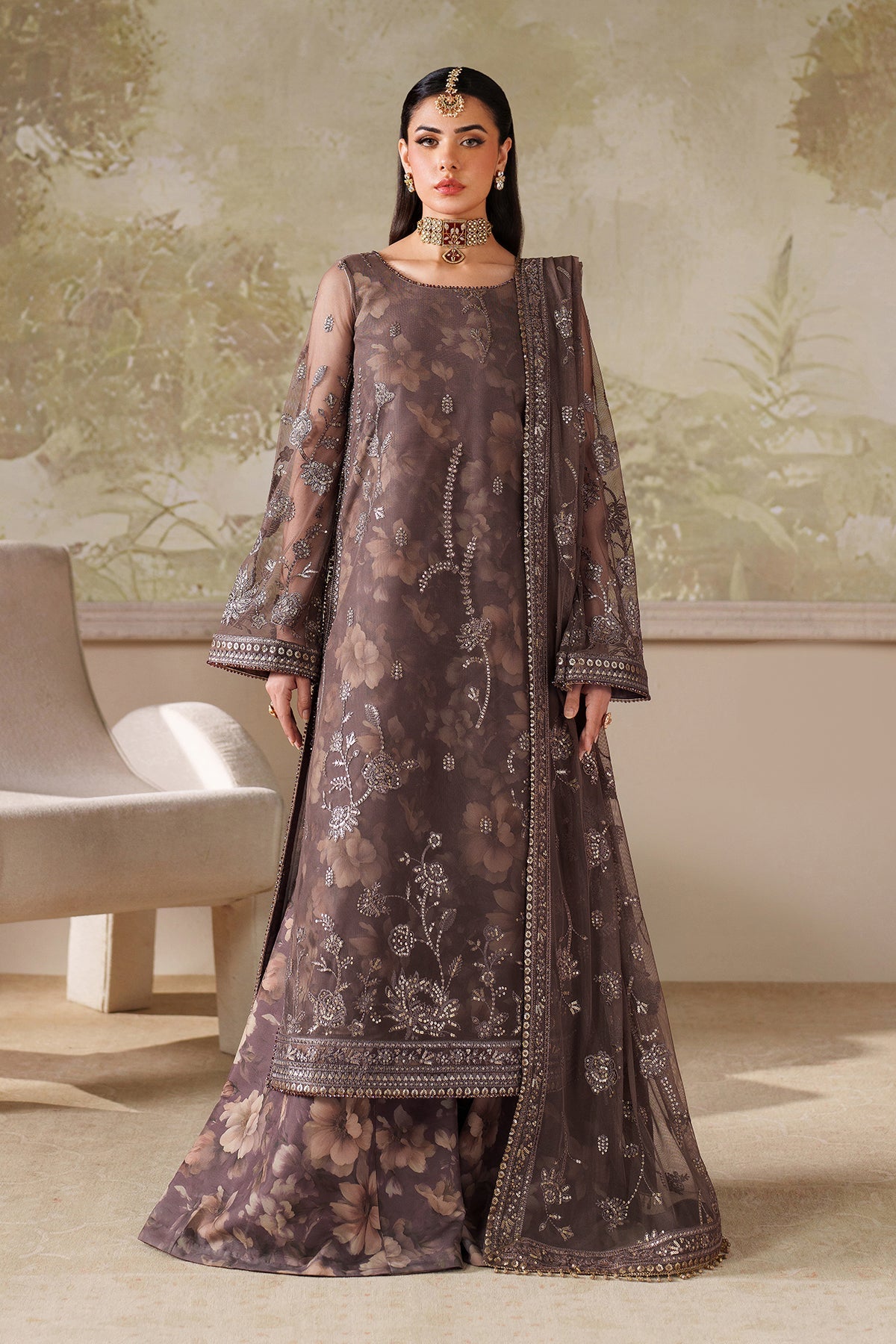 Zarif Zaneera Mahveer light brown sequins embroidered formal outfit