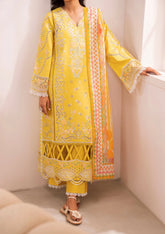 Front view of Zavi ZV-108 Serio yellow embroidered lawn suit