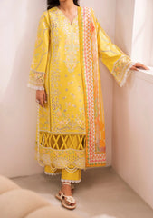 Front view of Zavi ZV-108 Serio yellow embroidered lawn suit