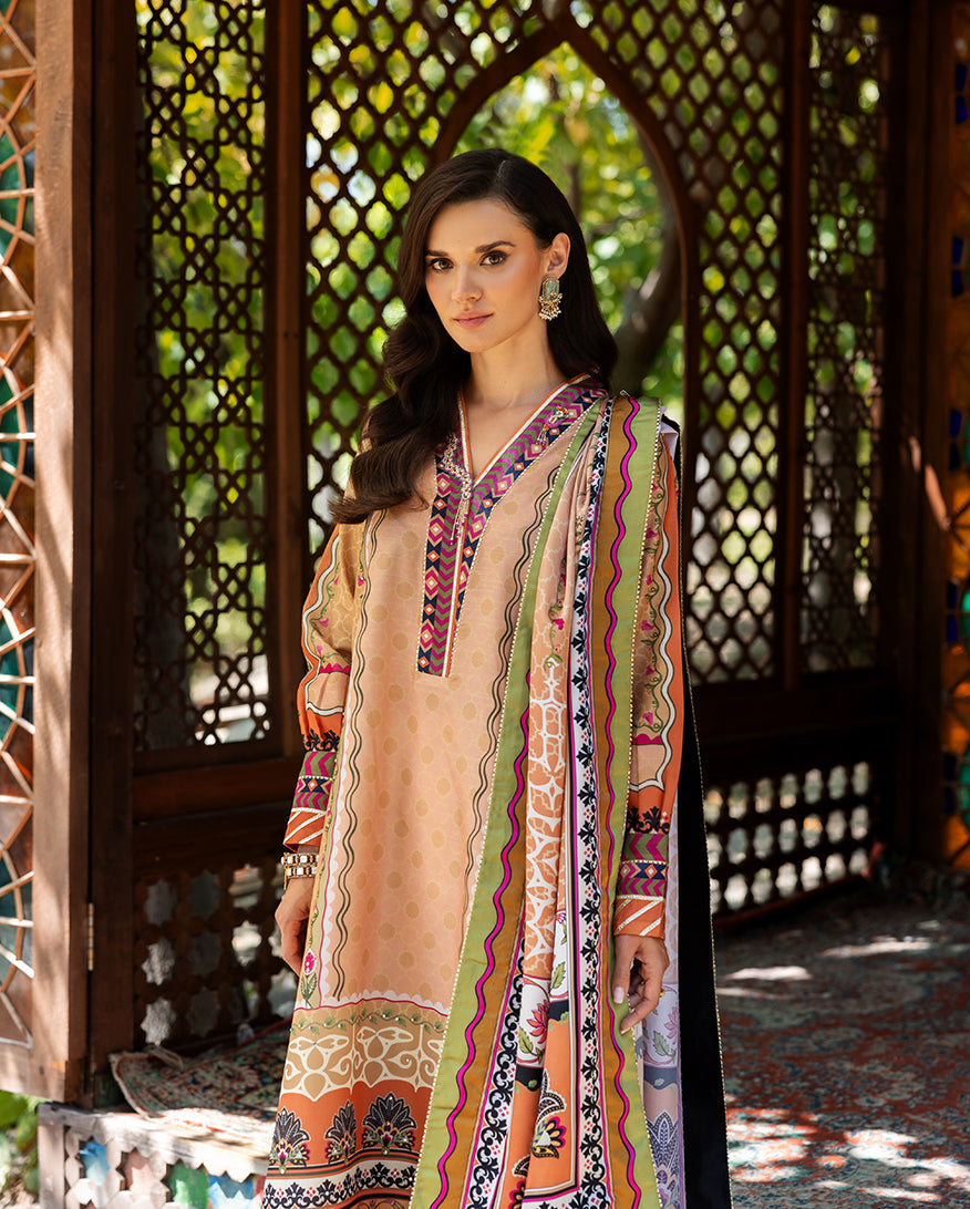 Mushq Solara Crest dress – embroidered luxury outfit from Nirvana Echoes Serenity, available online at Highway Fashion Pakistan