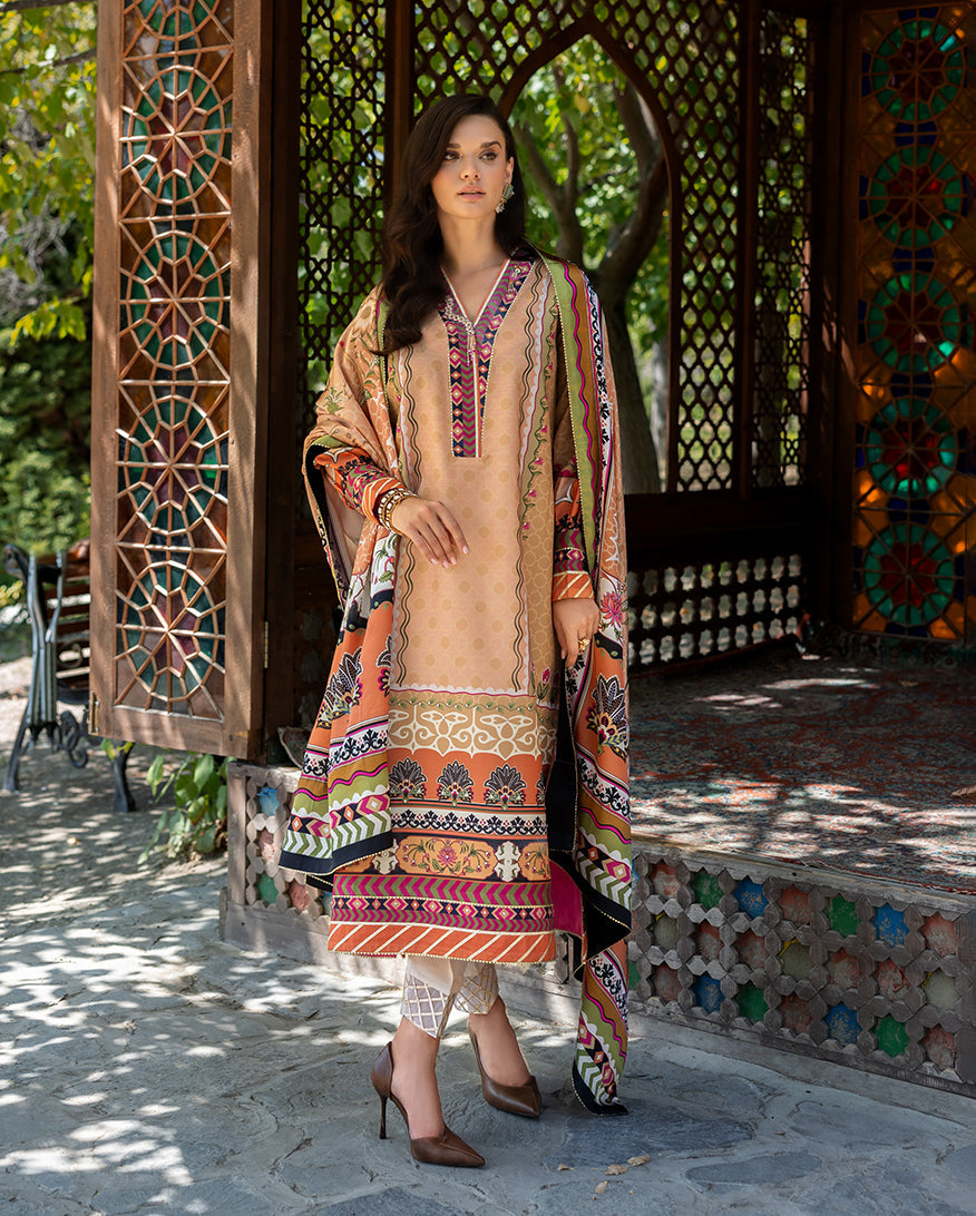 Mushq Solara Crest dress – embroidered luxury outfit from Nirvana Echoes Serenity, available online at Highway Fashion Pakistan