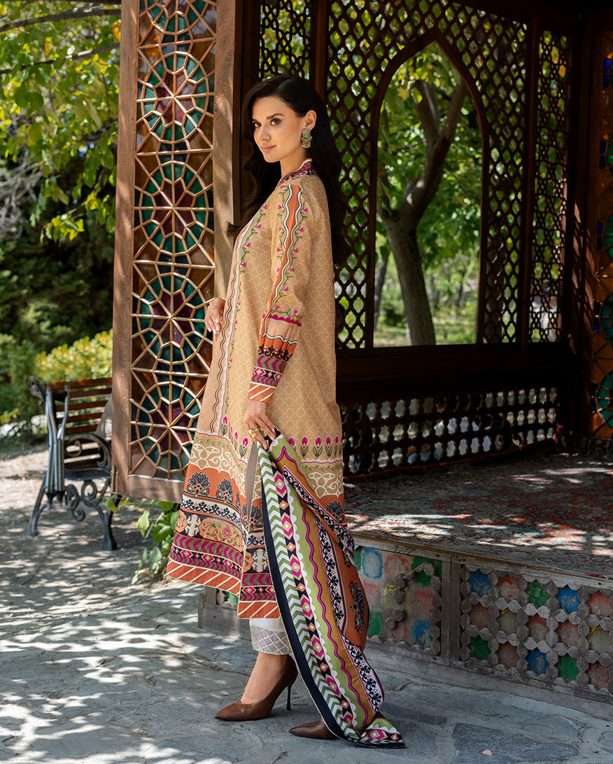 Mushq Solara Crest dress – embroidered luxury outfit from Nirvana Echoes Serenity, available online at Highway Fashion Pakistan