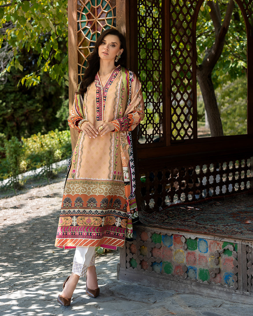Mushq Solara Crest dress – embroidered luxury outfit from Nirvana Echoes Serenity, available online at Highway Fashion Pakistan