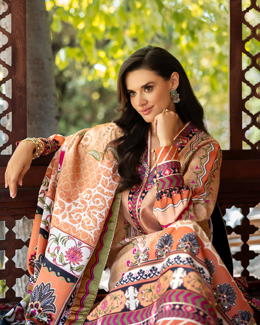 Mushq Solara Crest dress – embroidered luxury outfit from Nirvana Echoes Serenity, available online at Highway Fashion Pakistan