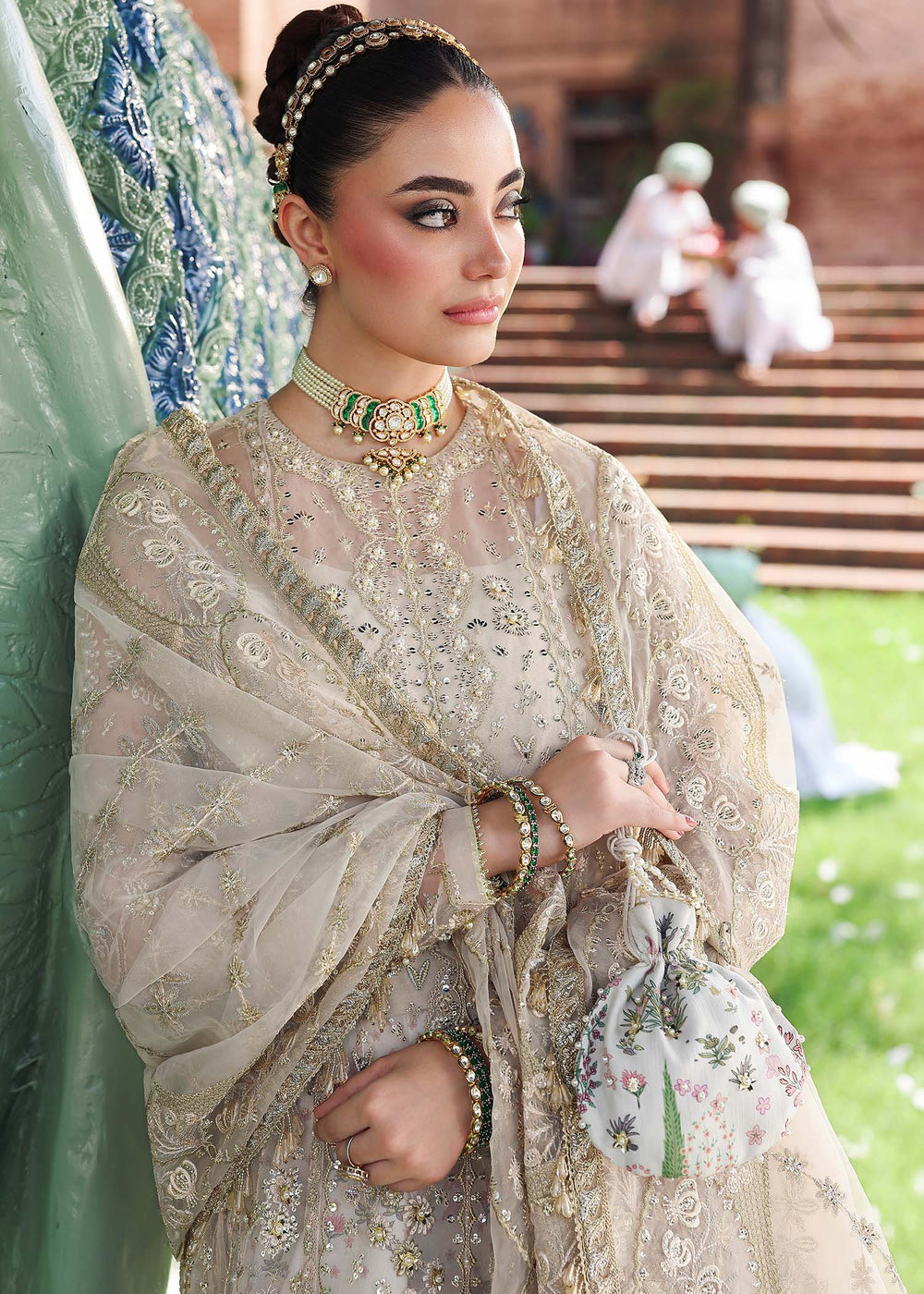 Close-up of Pareesa bridal embroidery on organza fabric