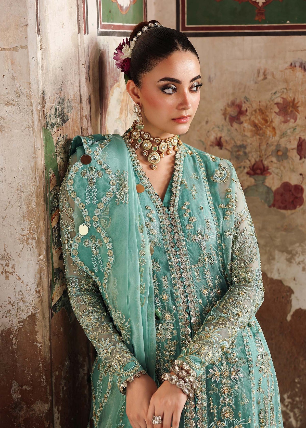 Close-up of hand embroidery on Roohi bridal dress by Sardinia