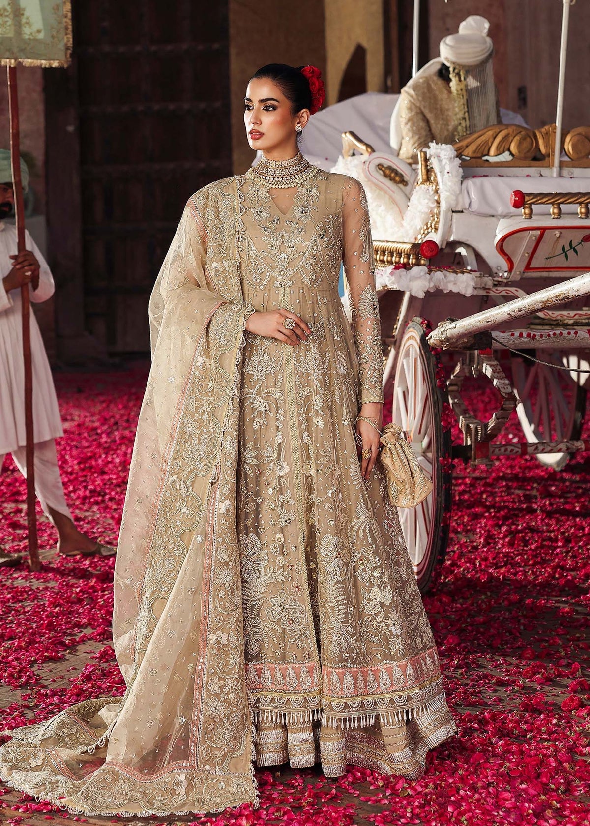 Sardinia SAHIBA bridal dress from Veere Di Wedding Brides Edit ’25 in skin/golden, featuring organza shirt, organza dupatta, and raw silk trouser with hand embroidery.