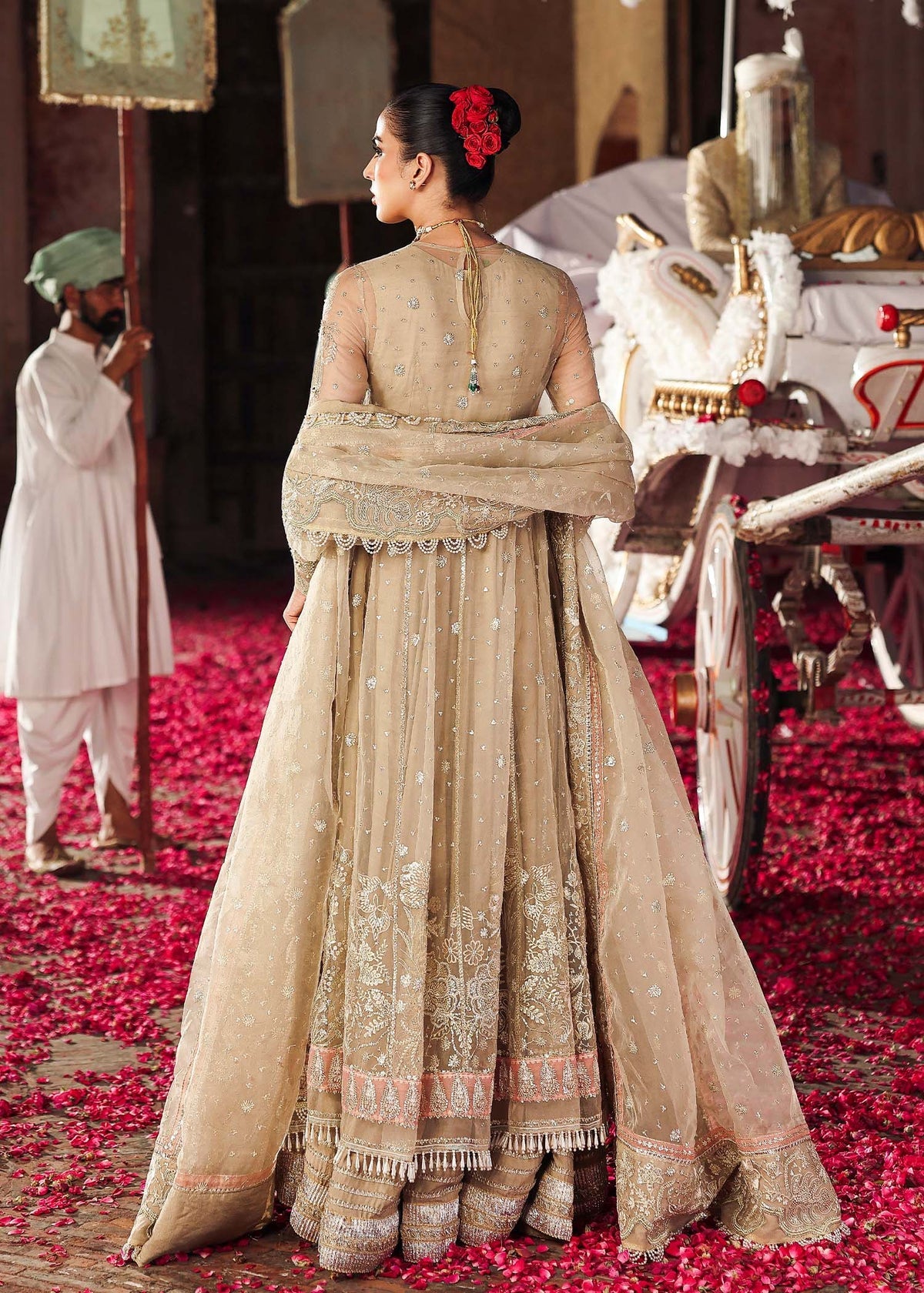 Sardinia SAHIBA bridal dress from Veere Di Wedding Brides Edit ’25 in skin/golden, featuring organza shirt, organza dupatta, and raw silk trouser with hand embroidery.