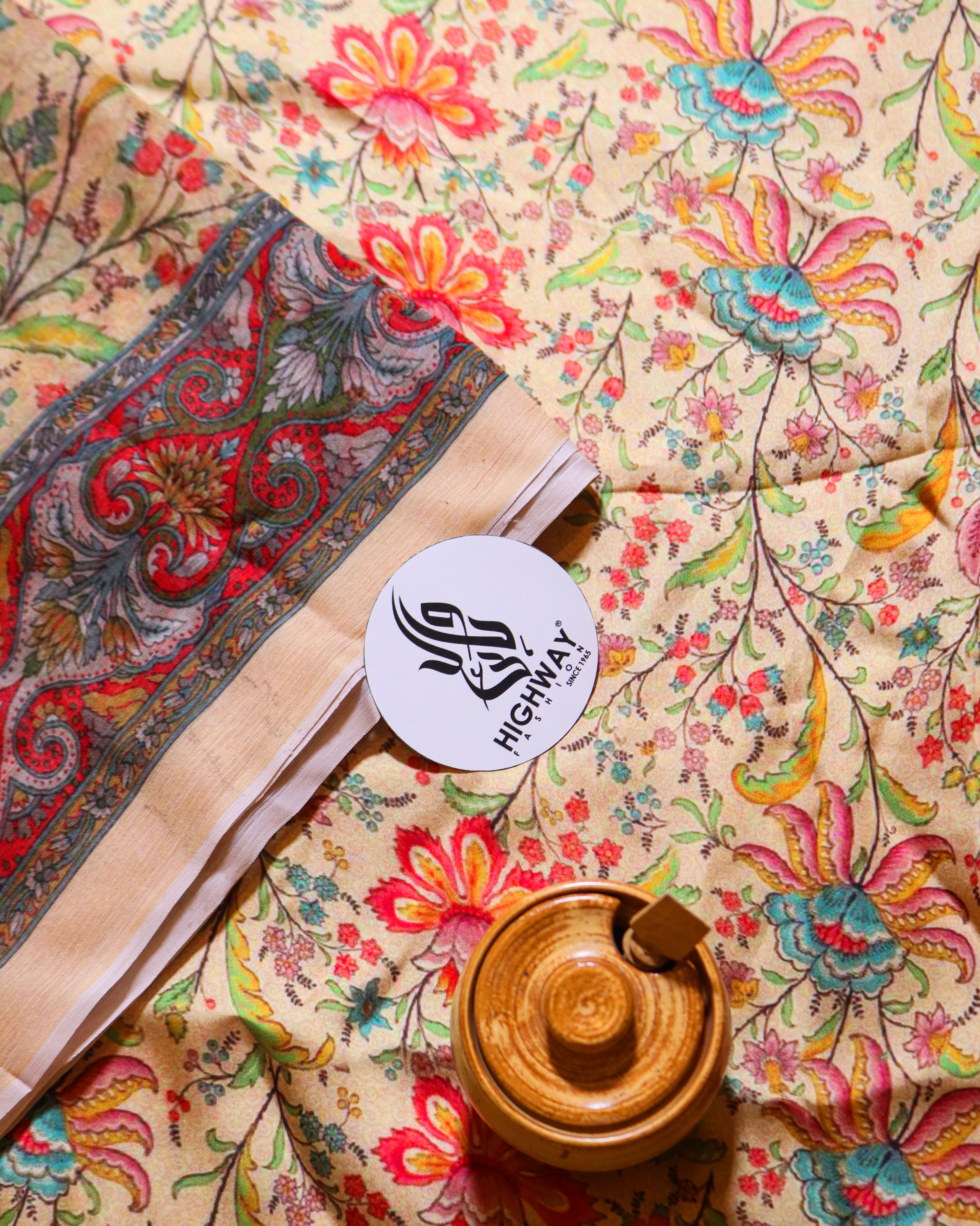 Luxury cream silk printed dress Sahira paired with chiffon dupatta