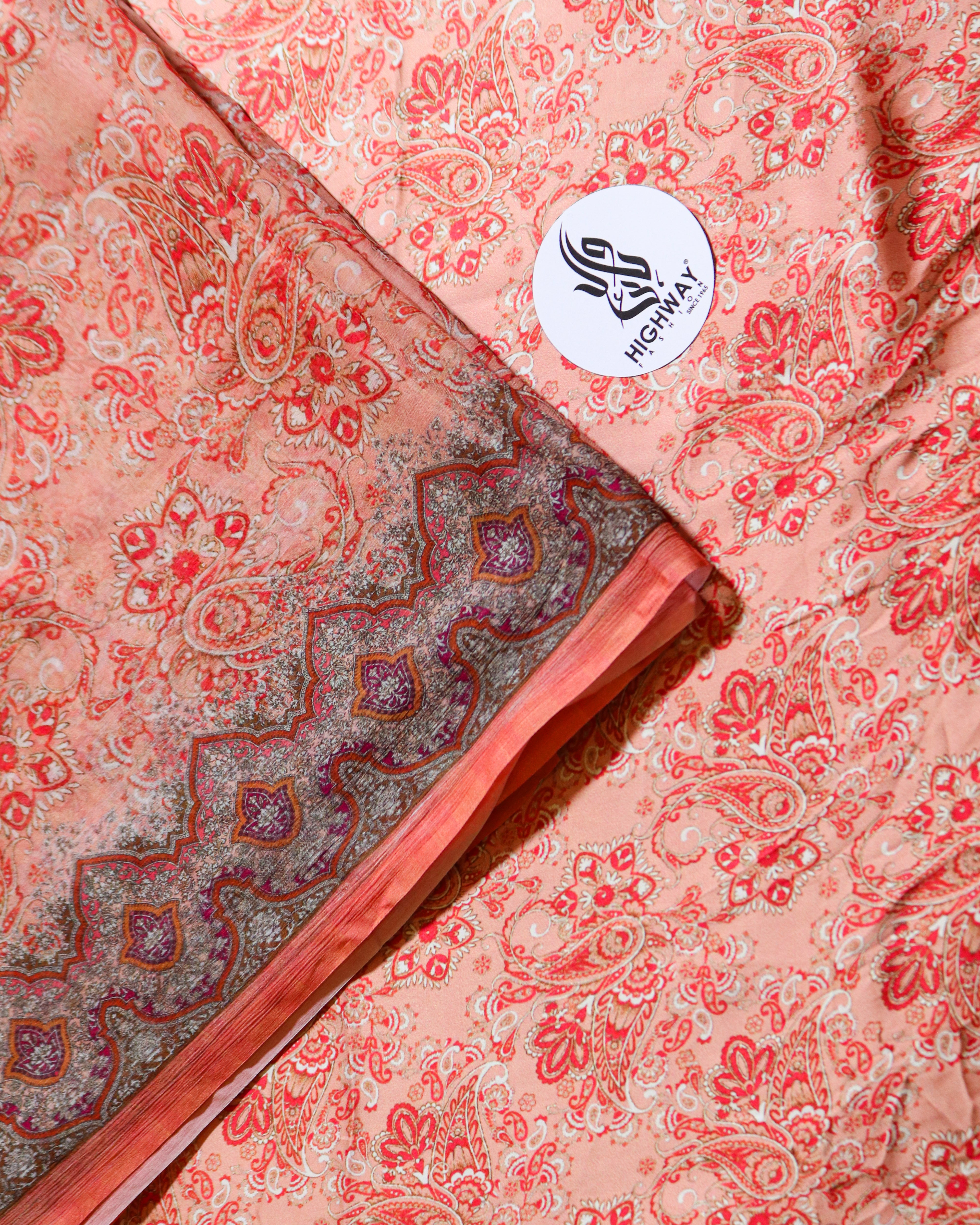 Elegant light peach silk printed Veyra dress with chiffon dupatta