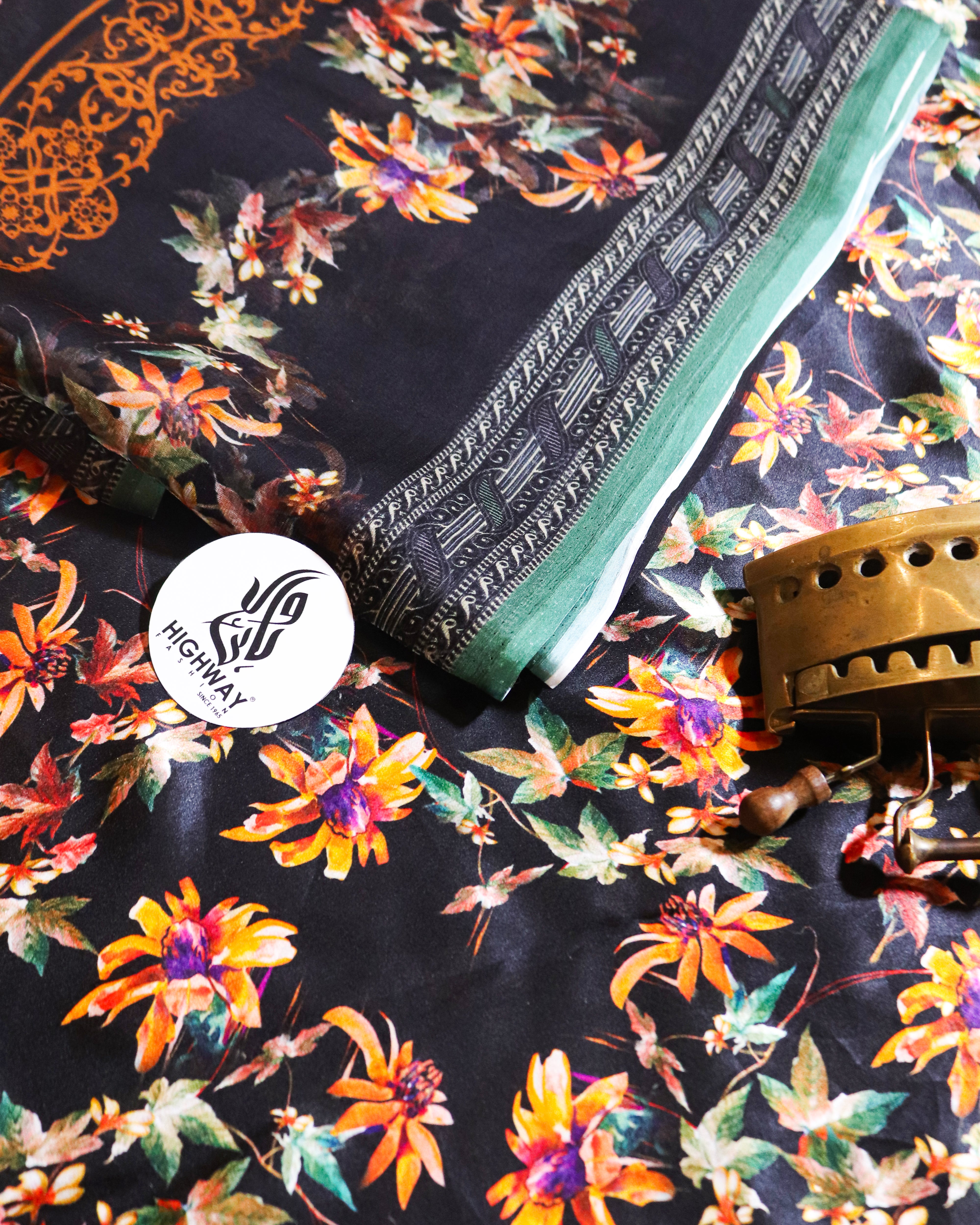 Tharaa luxury green printed silk dress with chiffon dupatta – Highway Fashion