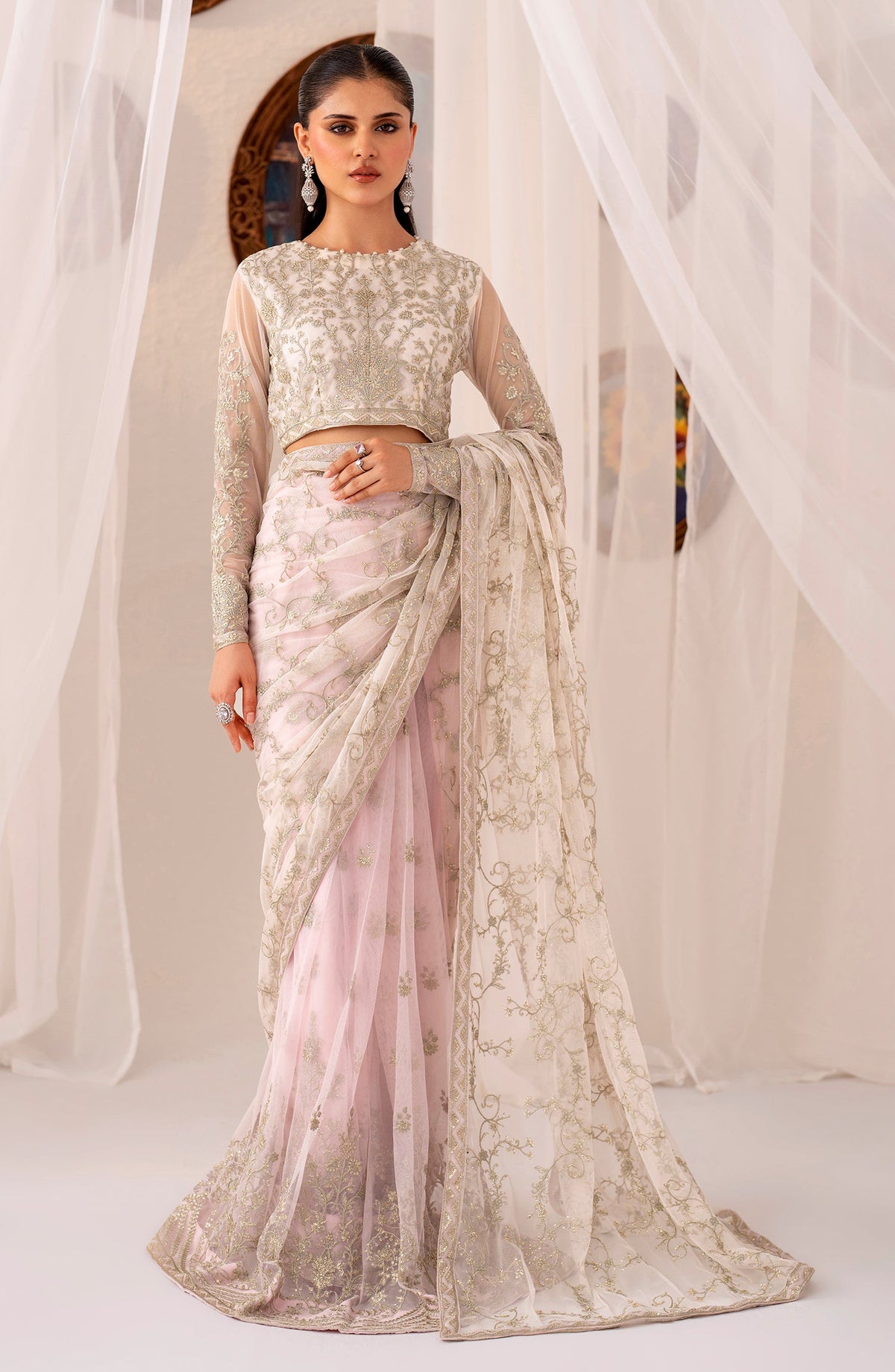 Zarif | ZMU 01 PEARL  | Embroidered Net