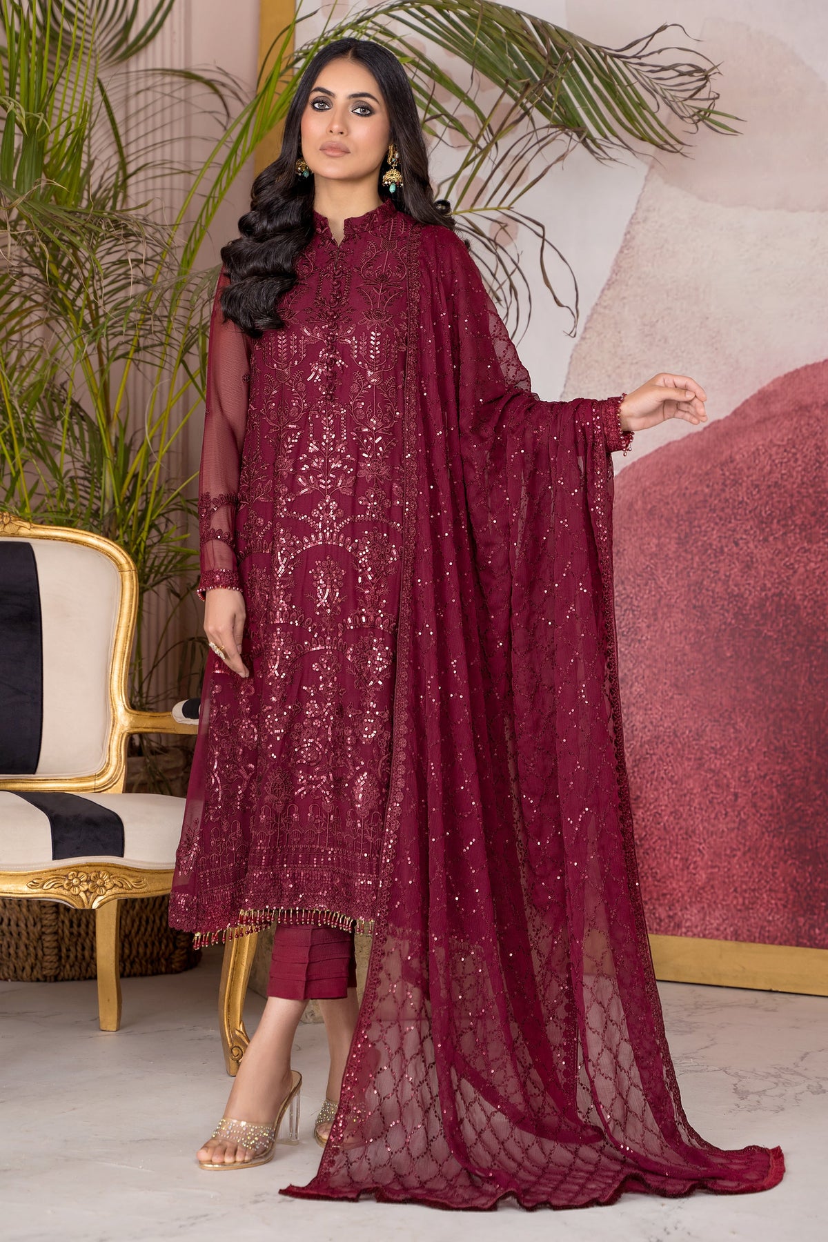 Zarif | ZA 04 MULBERRY  | Embroidered Chiffon