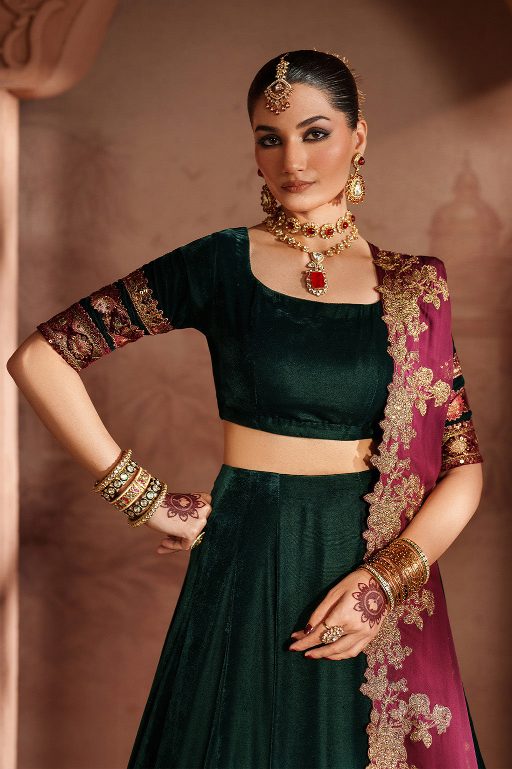 Green embroidered velvet formal dress Pakistan