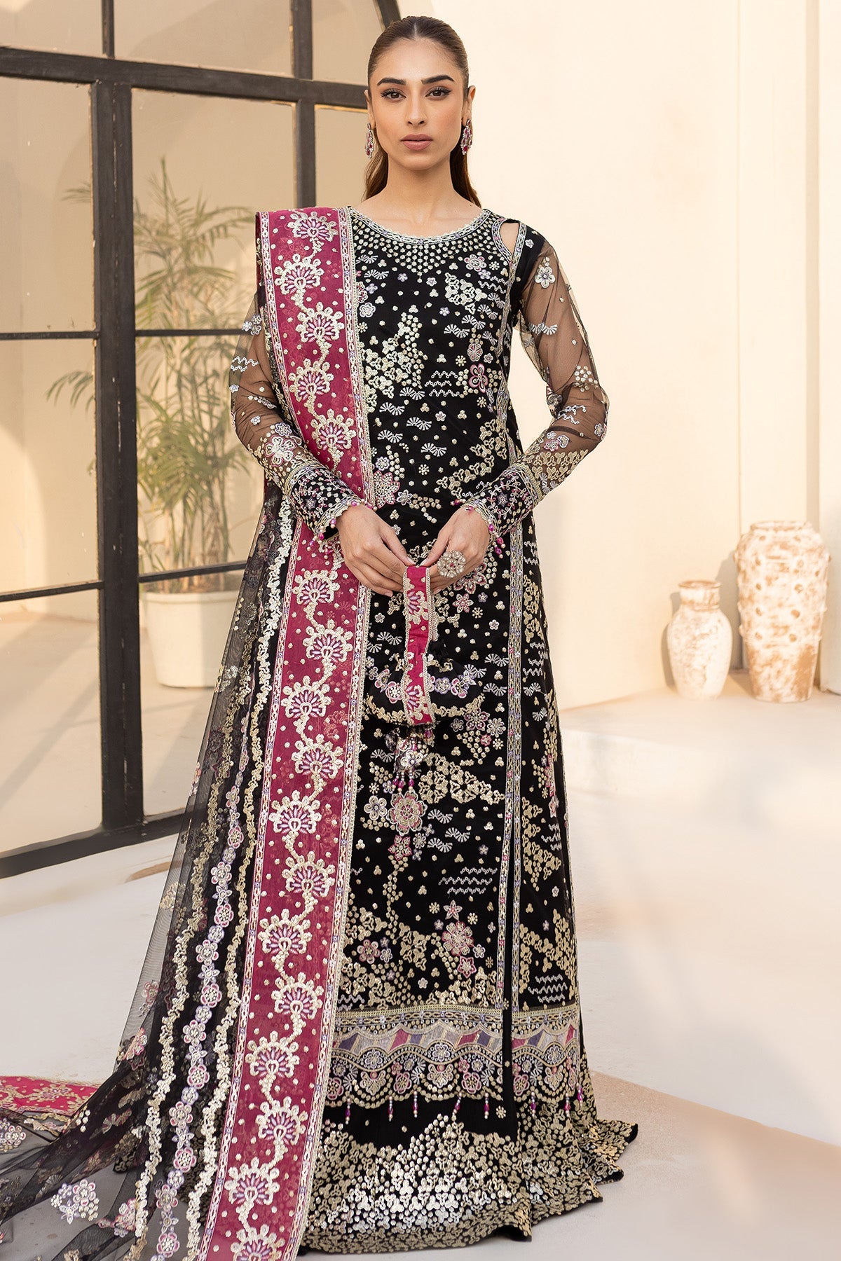 Farasha Stardust Noir black embroidered net formal dress