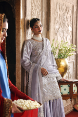 Close-up of zari net dupatta on AABROO purple formal outfit