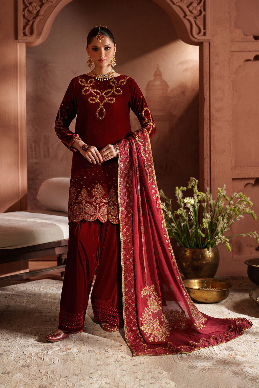 Red velvet shalwar kameez winter collection 2025