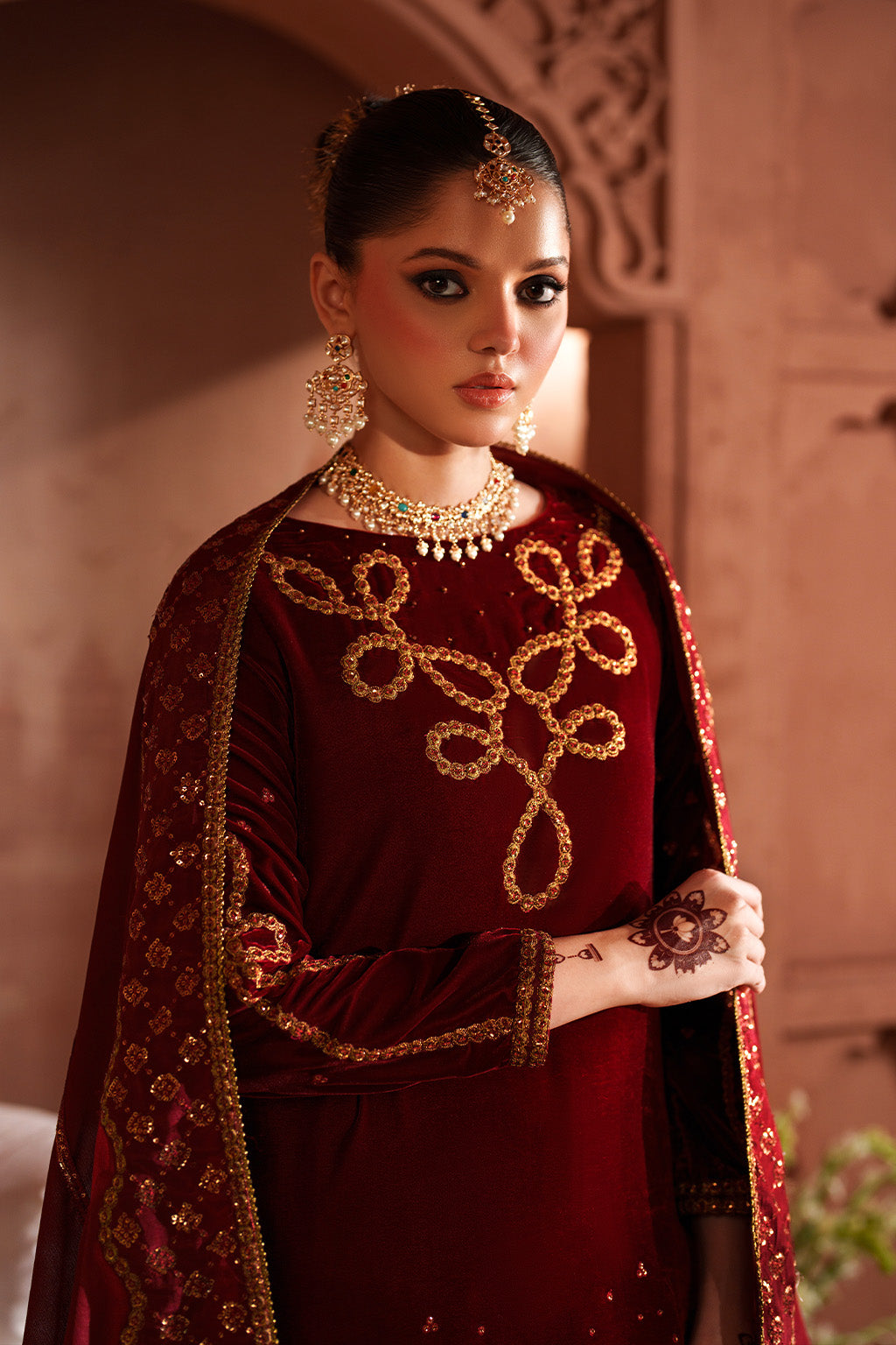 Red velvet shalwar kameez winter collection 2025