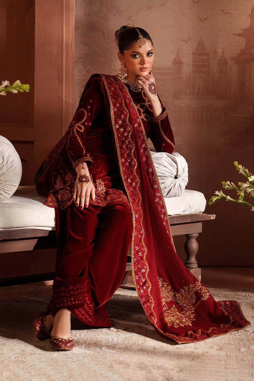Velvet party wear red dress Pakistan