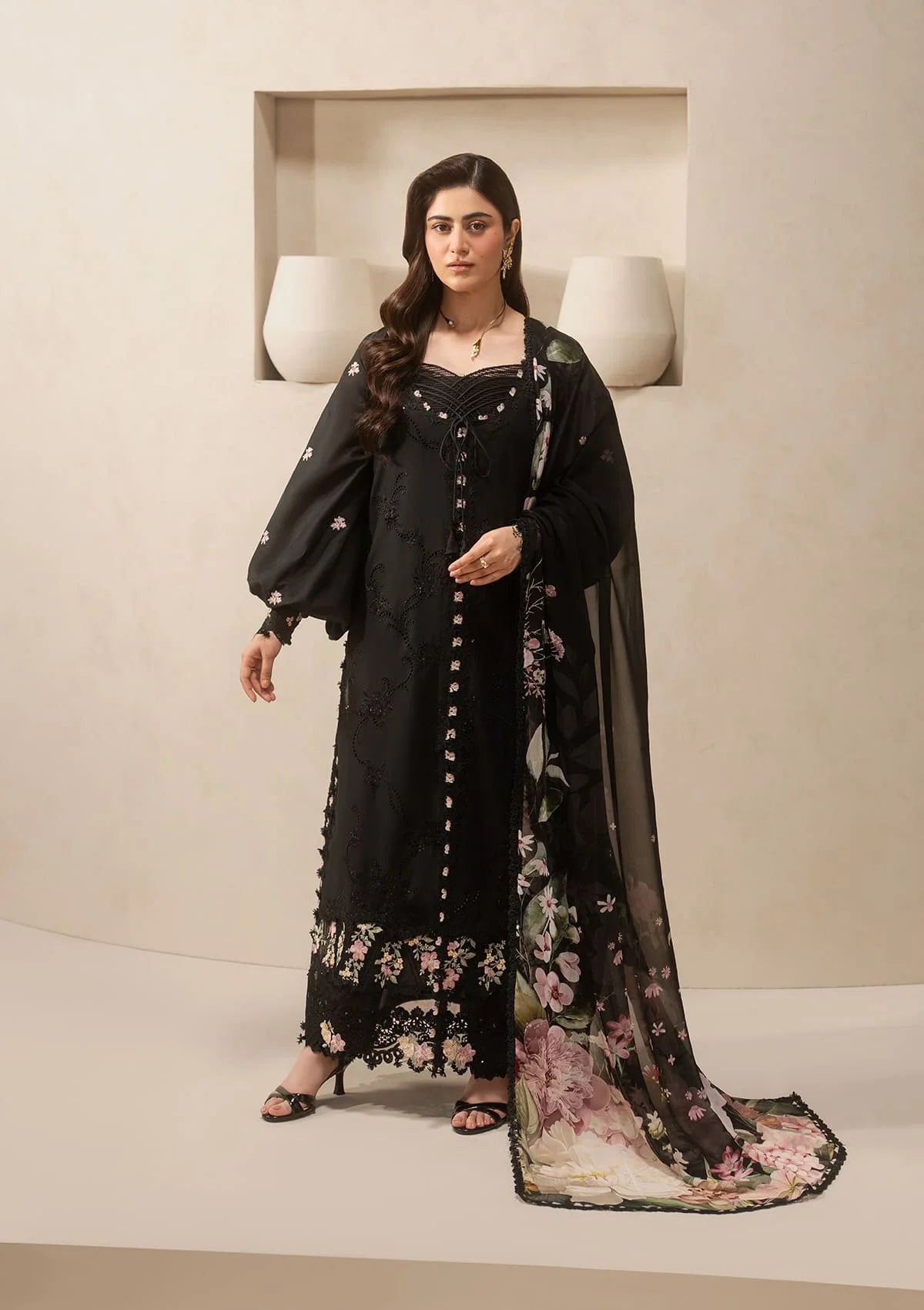 Elaf E-CRAFT - CHIKANKARI LAWN WITH CHIFFON DUPATTA '26 | EHC-5A CHARCOAL