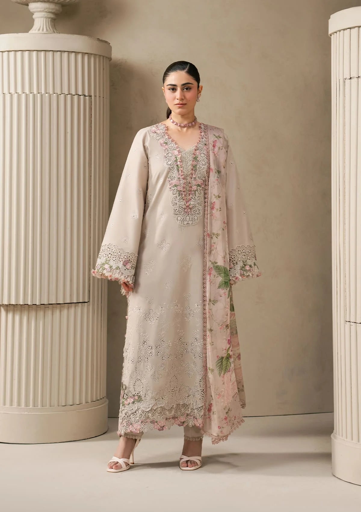 Elaf E-CRAFT - CHIKANKARI LAWN WITH CHIFFON DUPATTA '26 | EHC-6B CLAY
