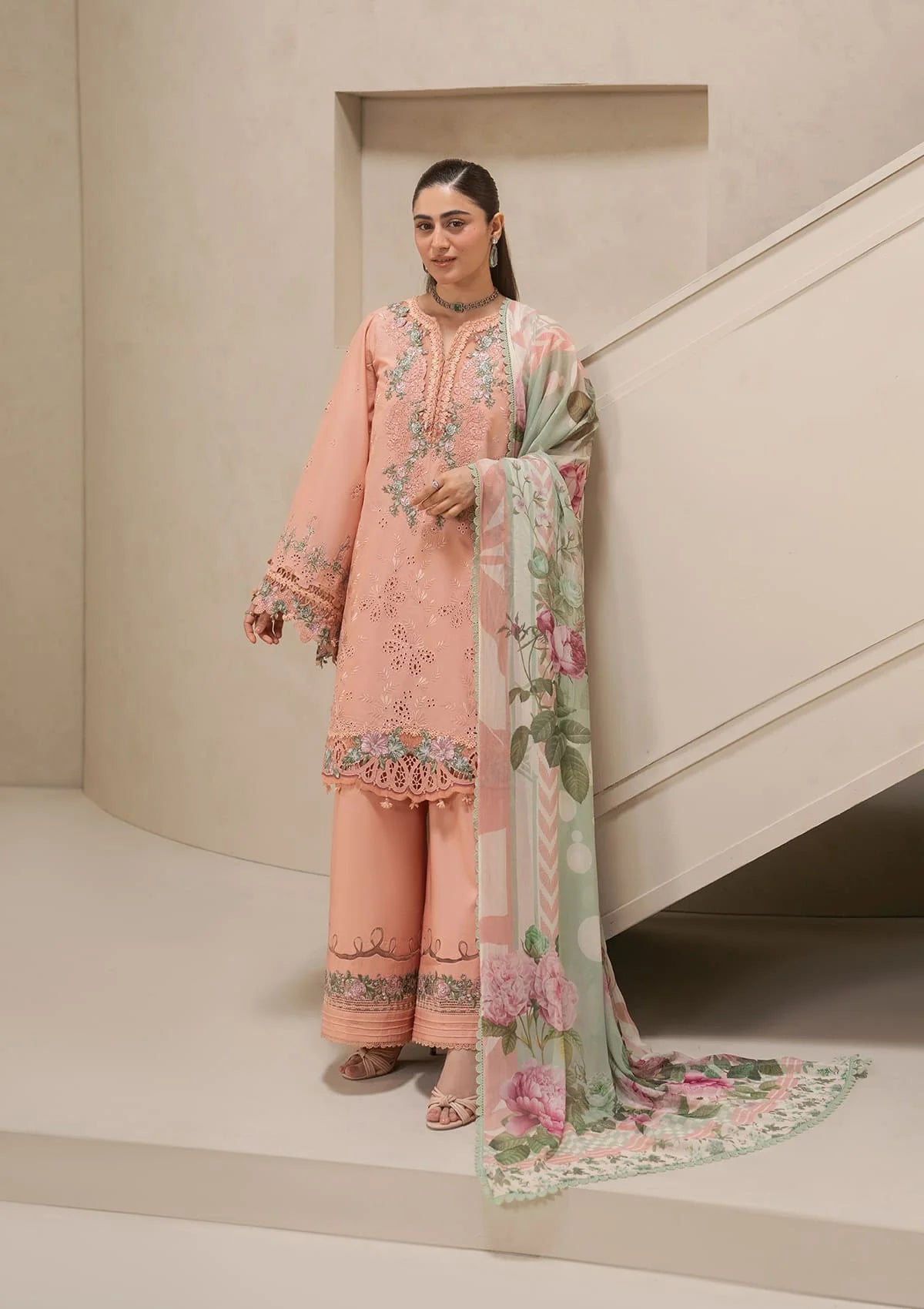 Elaf E-CRAFT - CHIKANKARI LAWN WITH CHIFFON DUPATTA '26 | EHC-3B DUSTROSE