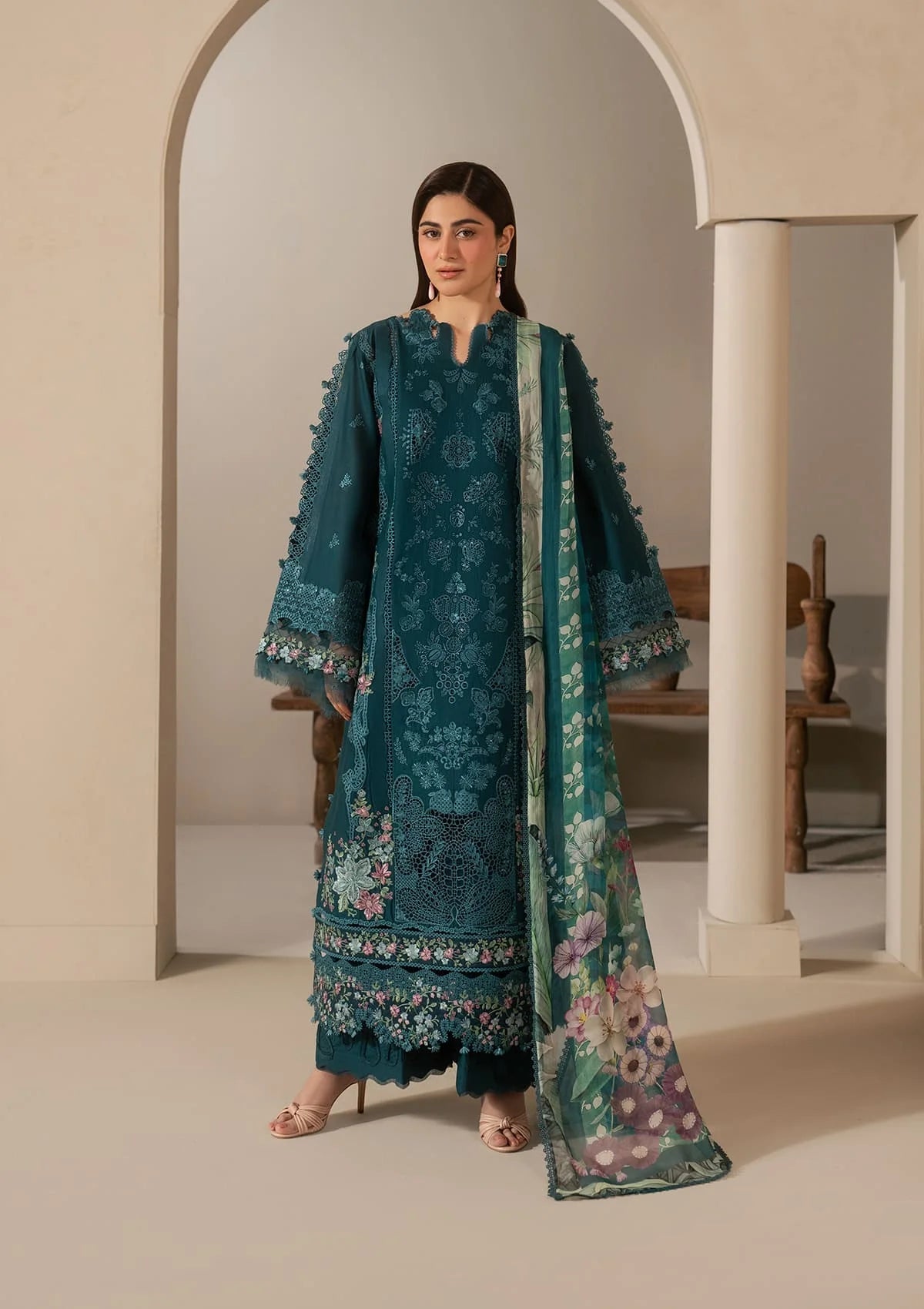 Elaf E-CRAFT - CHIKANKARI LAWN WITH CHIFFON DUPATTA '26 | EHC-2A MOSS