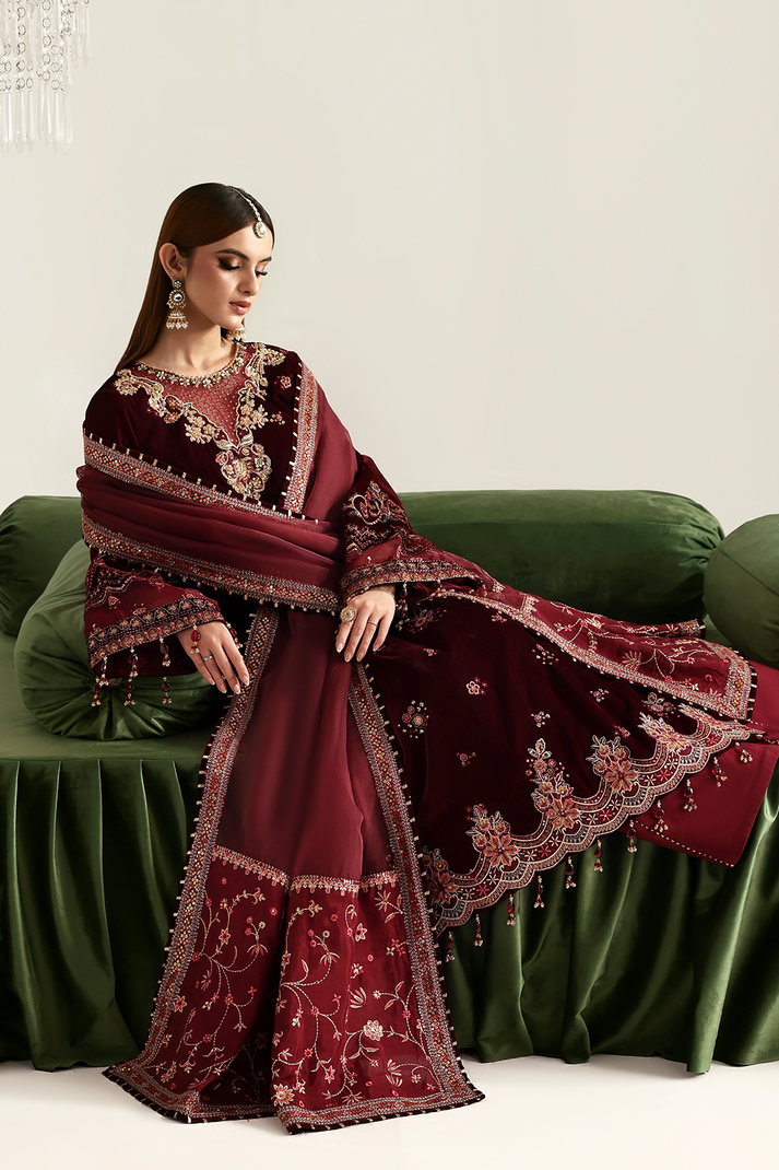 Nadira velvet formal dress with zari embroidery by Emaan Adeel