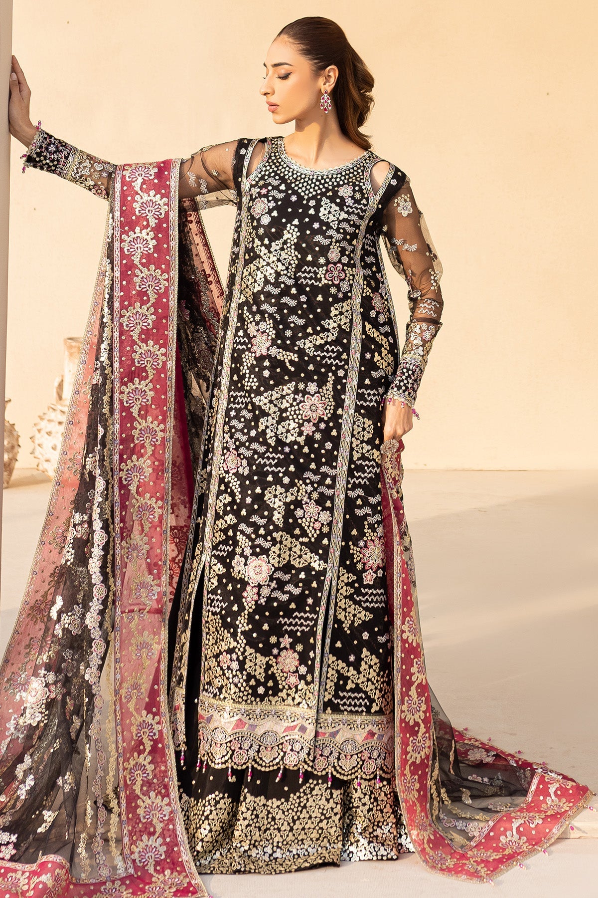 Farasha Stardust Noir black embroidered net formal dress