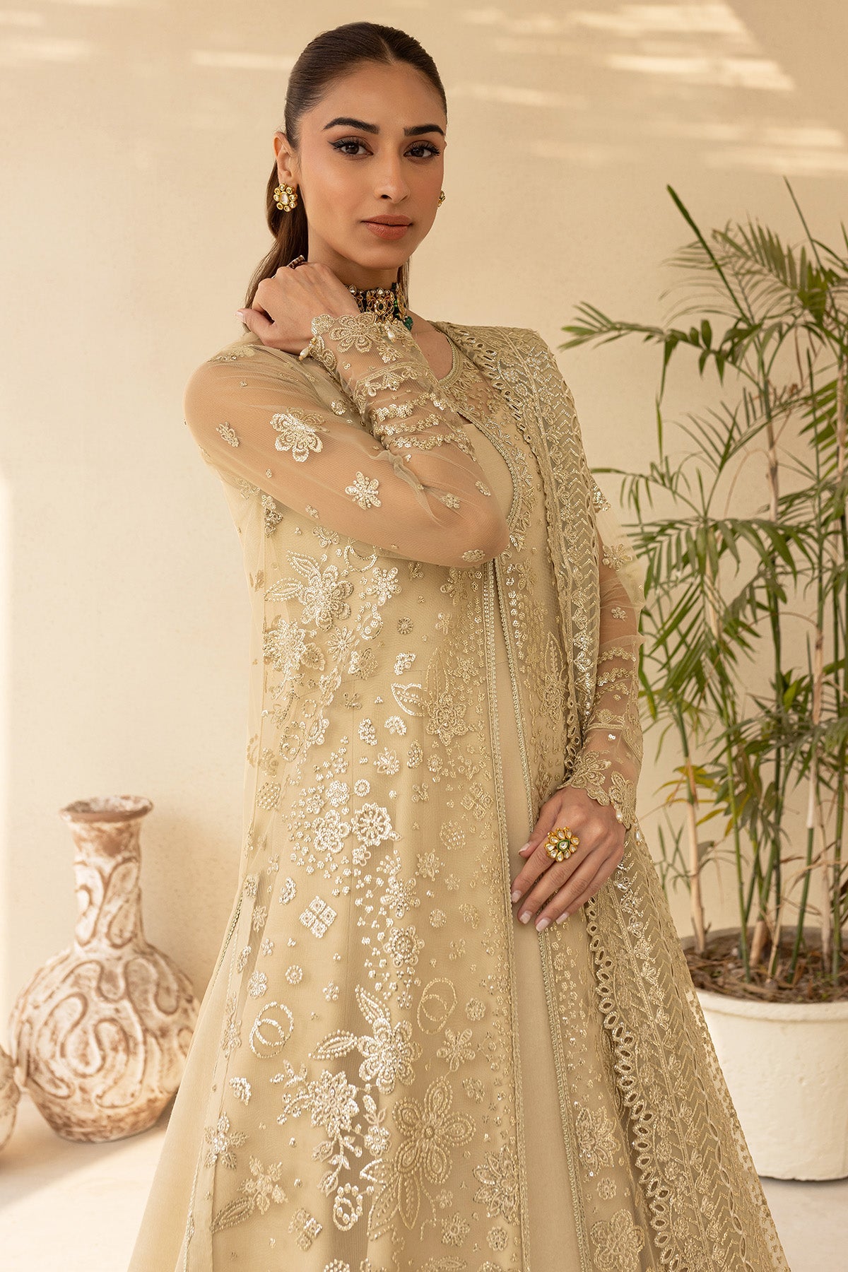 Farasha Golden Aura luxury formal outfit with organza dupatta