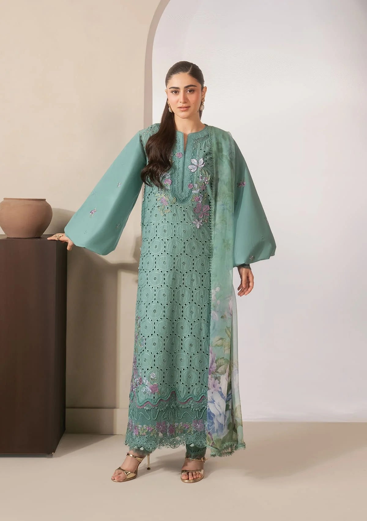 Elaf E-CRAFT - CHIKANKARI LAWN WITH CHIFFON DUPATTA '26 | EHC-1B WILLOW