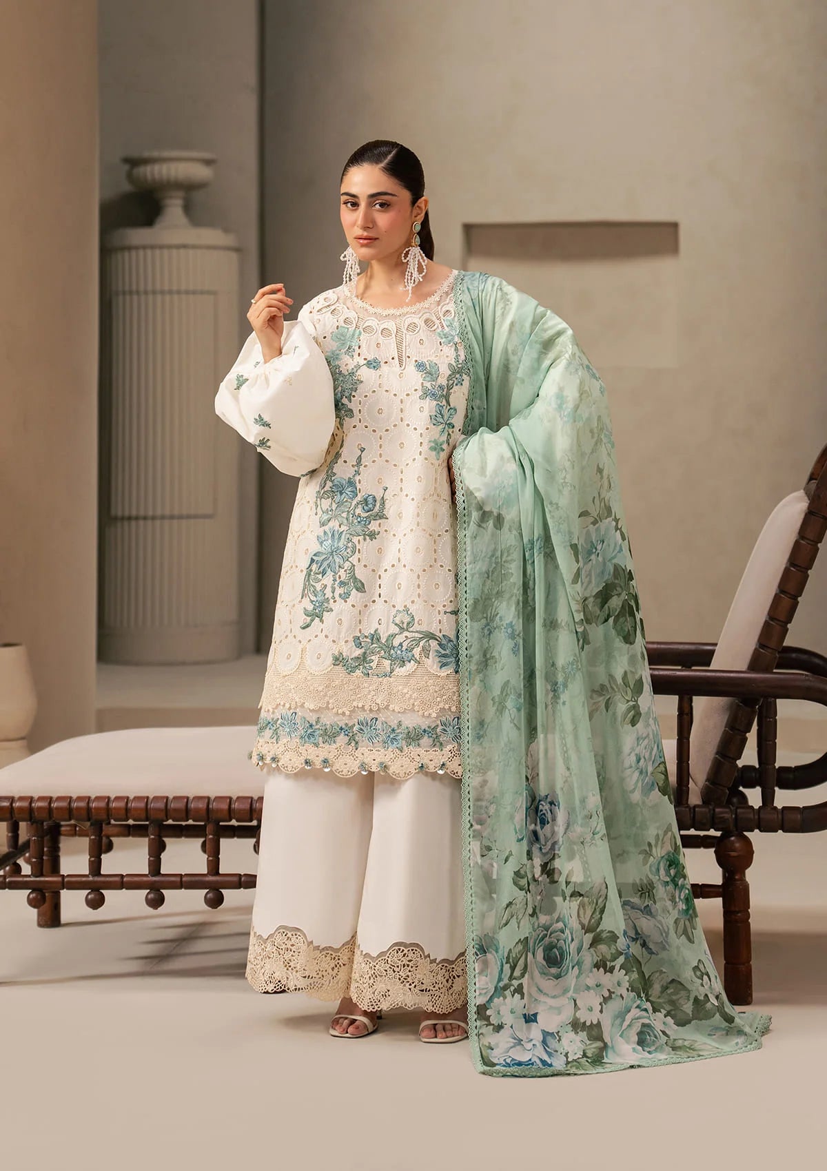 Elaf E-CRAFT - CHIKANKARI LAWN WITH CHIFFON DUPATTA '26 | EHC-1A VANILLA