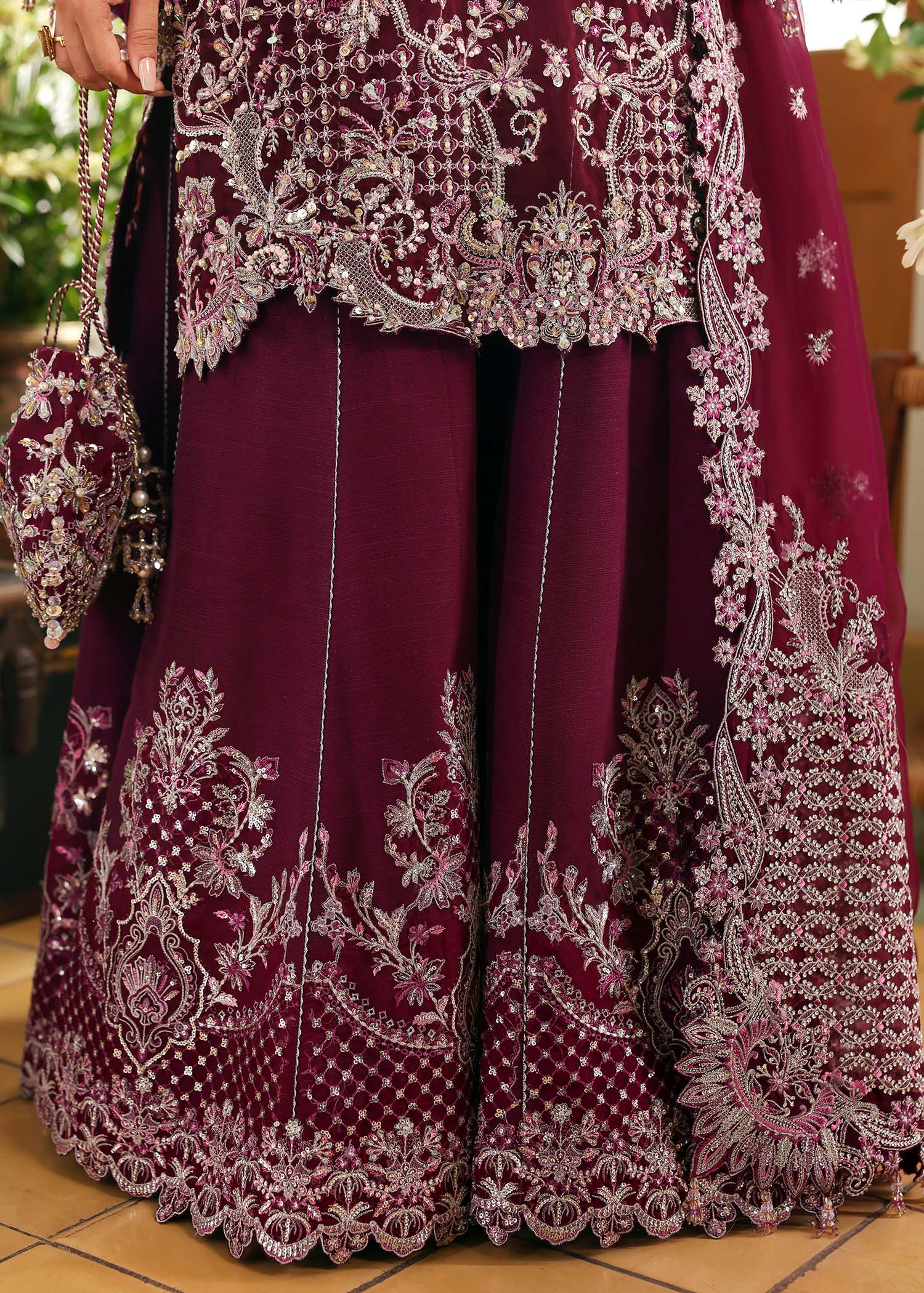 Kanwal Malik Maahi Festive 2025 Safiya in plum – hand-embellished organza shirt, embroidered dupatta, and trouser, available at Highway Fashion