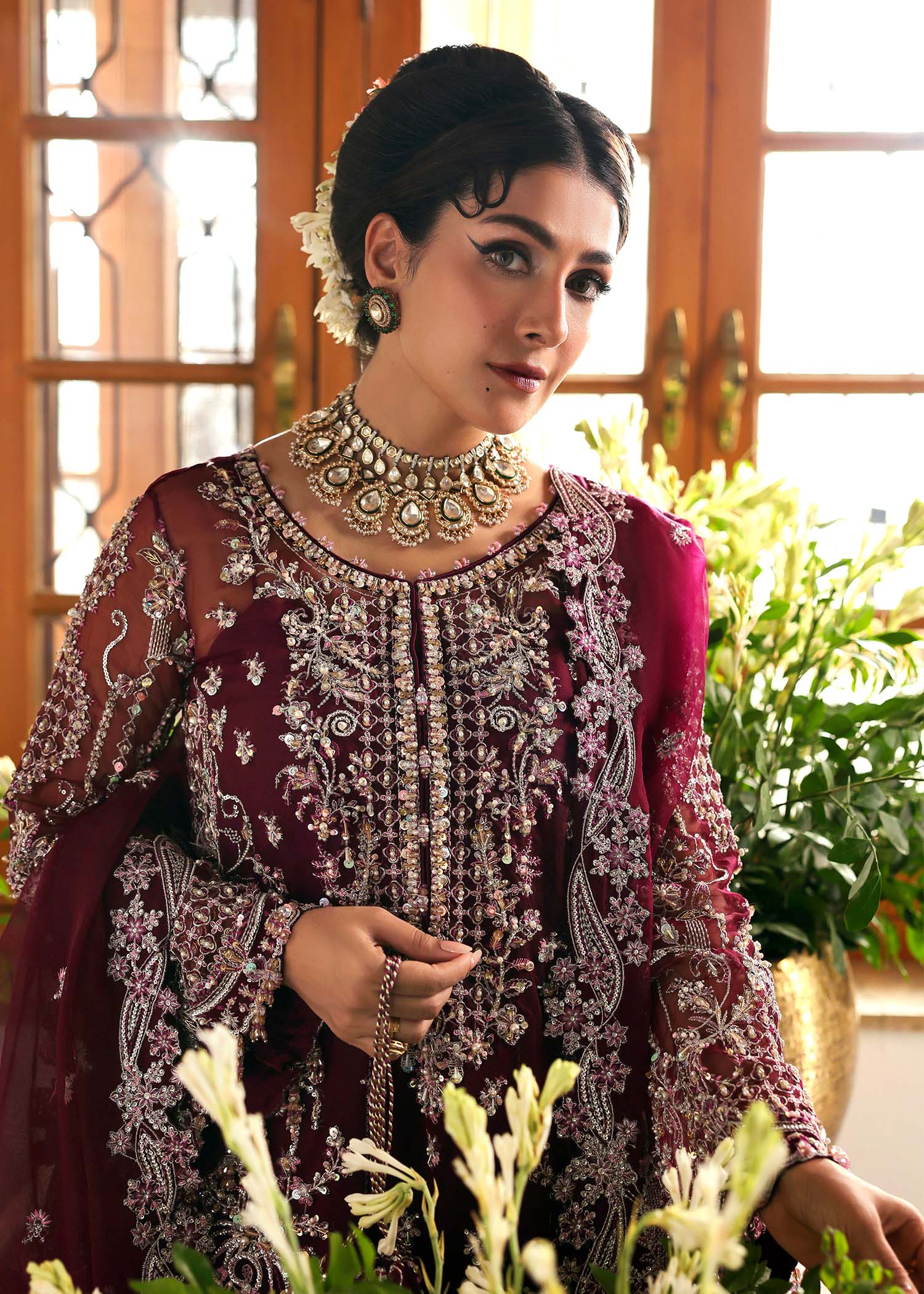 Kanwal Malik Maahi Festive 2025 Safiya in plum – hand-embellished organza shirt, embroidered dupatta, and trouser, available at Highway Fashion