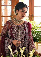 Kanwal Malik Maahi Festive 2025 Safiya in plum – hand-embellished organza shirt, embroidered dupatta, and trouser, available at Highway Fashion