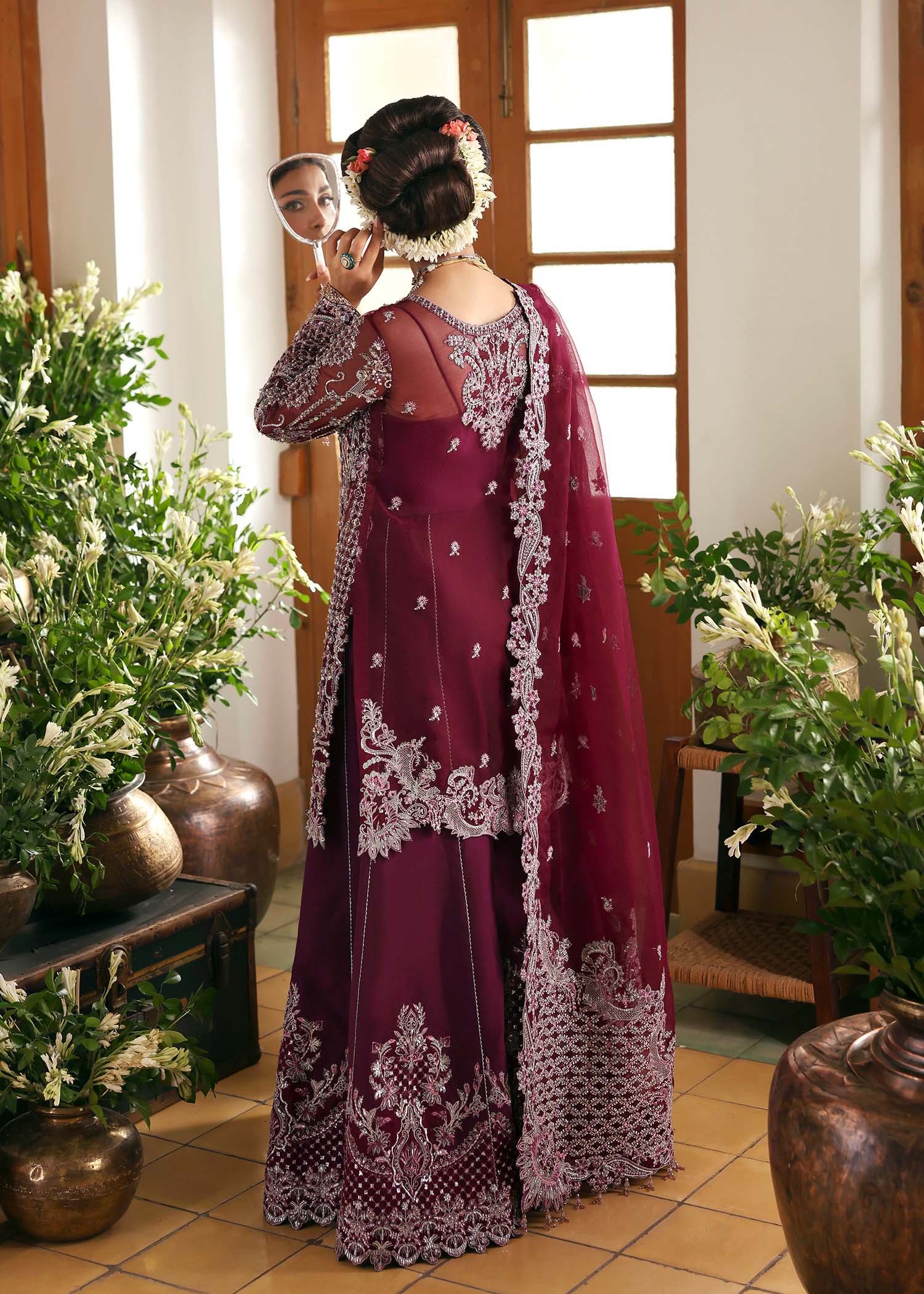 Kanwal Malik Maahi Festive 2025 Safiya in plum – hand-embellished organza shirt, embroidered dupatta, and trouser, available at Highway Fashion