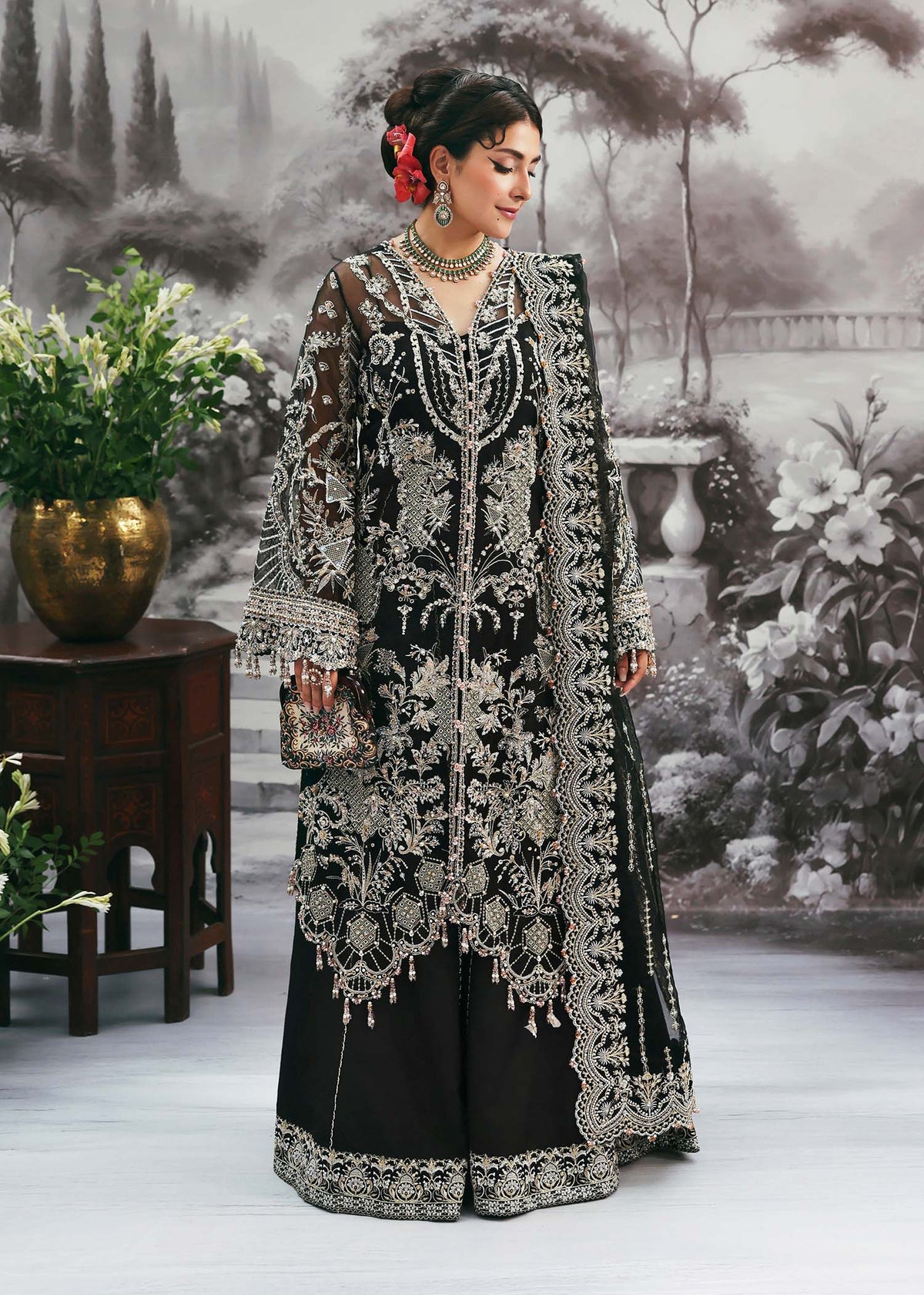 Kanwal Malik Maahi Festive Onyx Noir luxury unstitched black dress with hand-embellished organza, intricate embroidery, and elegant sequin details.