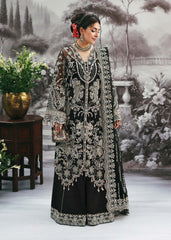 Kanwal Malik Maahi Festive Onyx Noir luxury unstitched black dress with hand-embellished organza, intricate embroidery, and elegant sequin details.