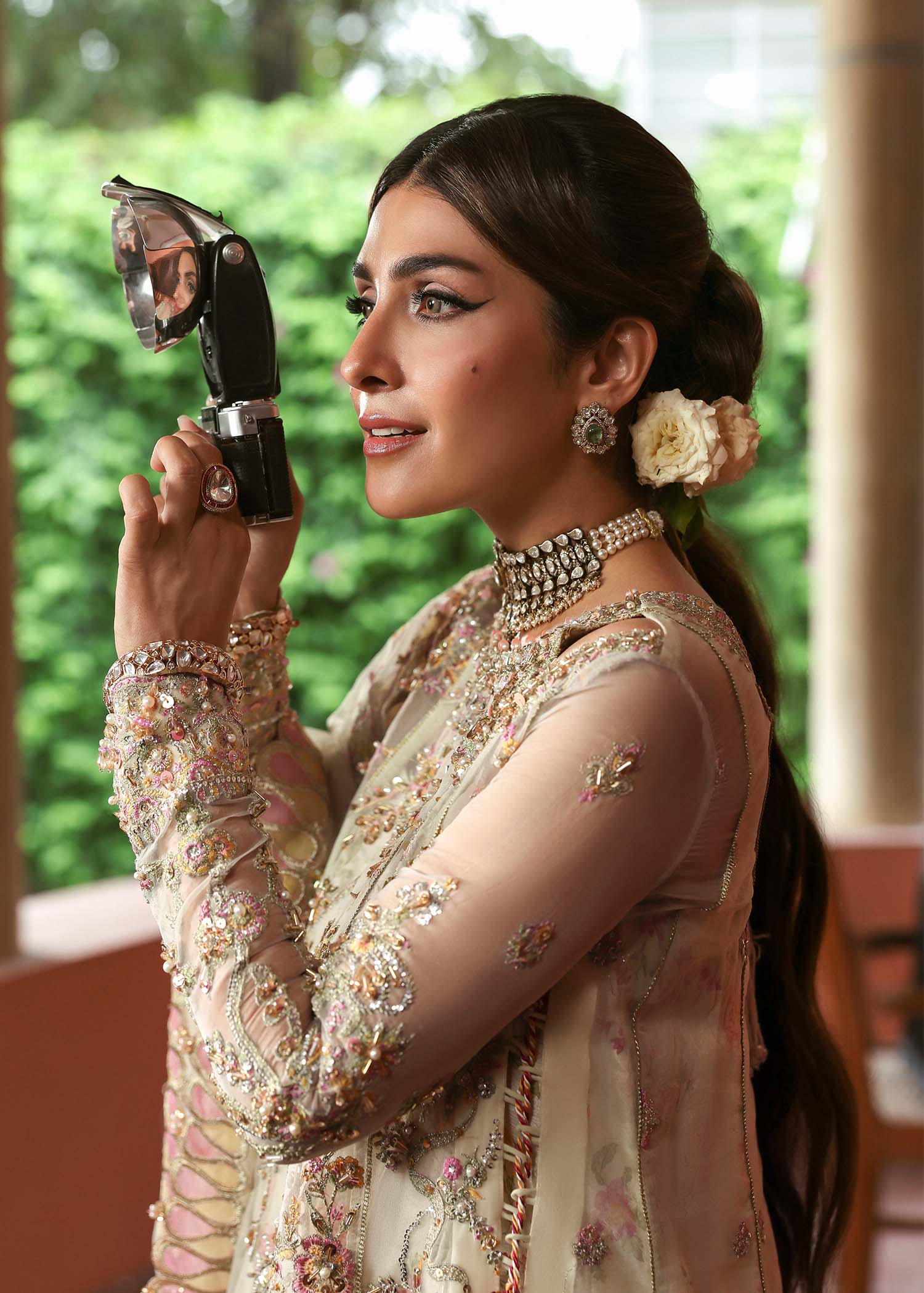 Kanwal Malik Maahi Festive 2025 Chanda in ivory – hand-embellished organza shirt with cutwork neckline, embroidered dupatta, and digital printed trouser available at Highway Fashion”