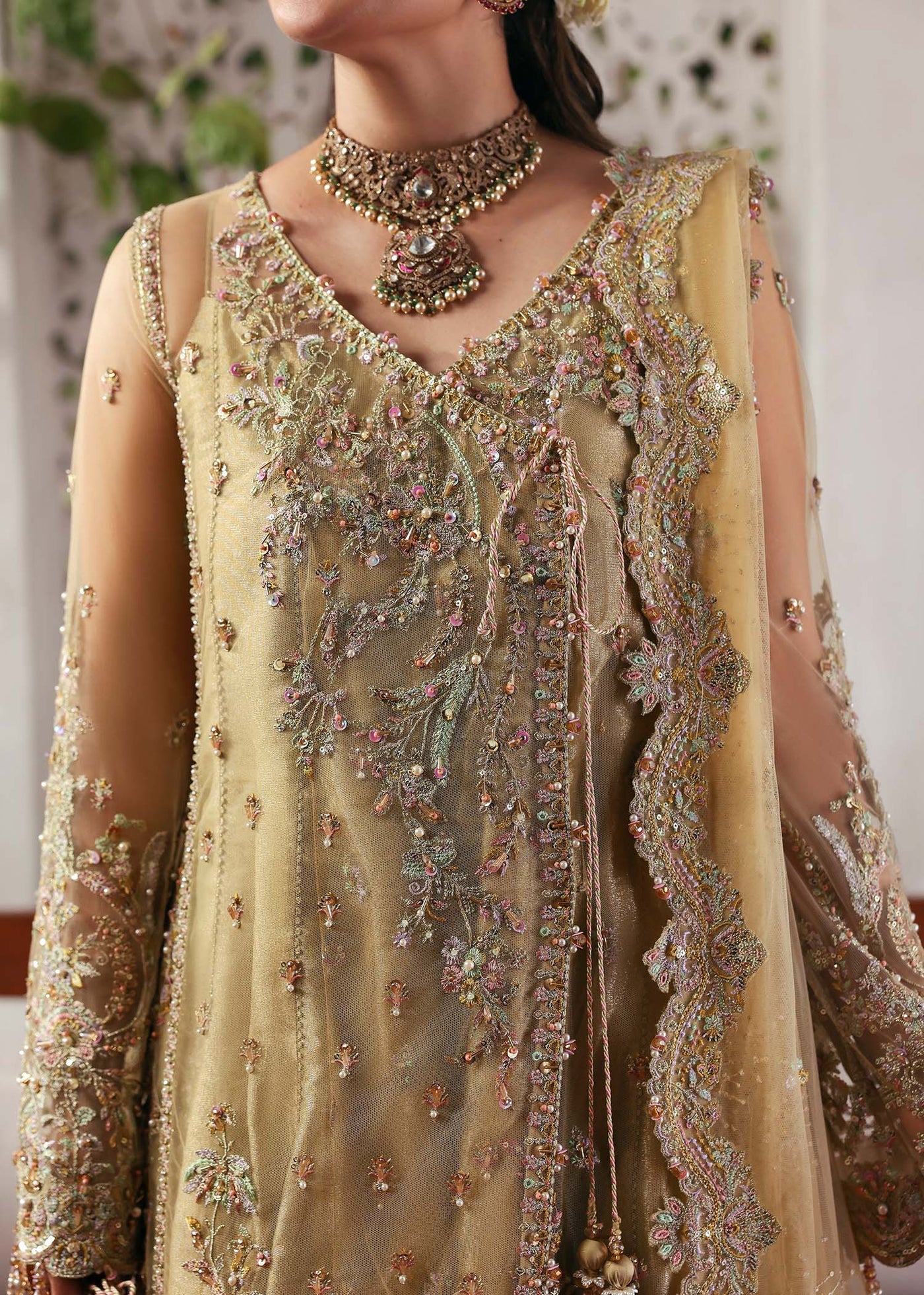 Kanwal Malik Maahi Festive 2025 Rukhsaar in champagne – hand-embellished net shirt with cutwork neckline, embroidered dupatta, and tissue inner, available at Highway Fashion