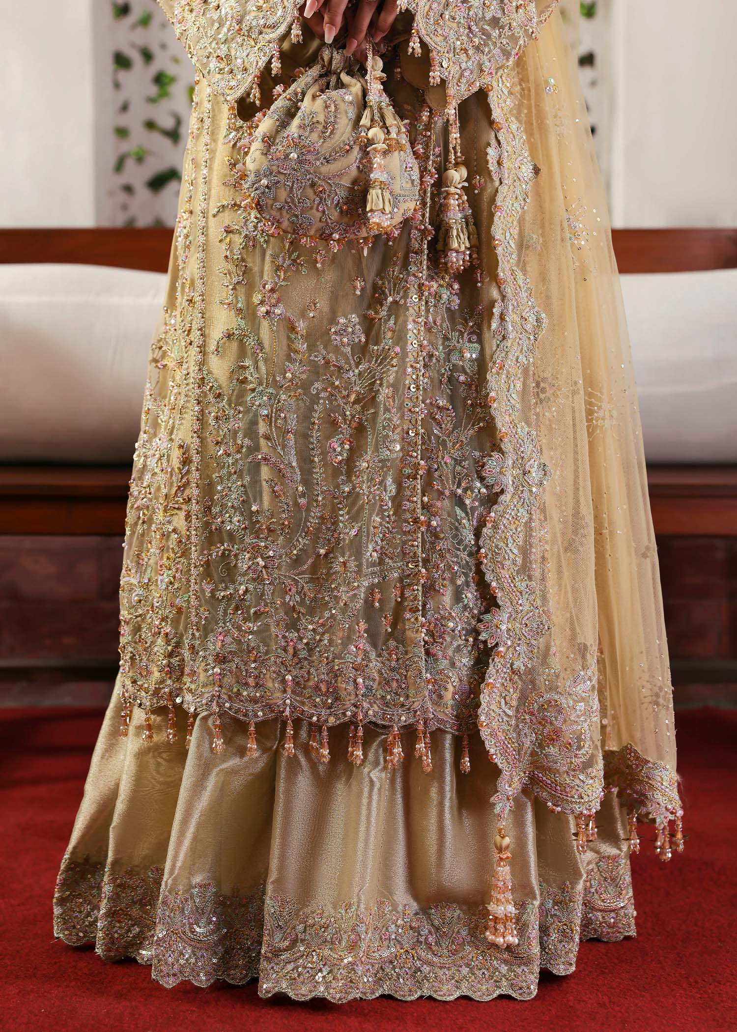 Kanwal Malik Maahi Festive 2025 Rukhsaar in champagne – hand-embellished net shirt with cutwork neckline, embroidered dupatta, and tissue inner, available at Highway Fashion