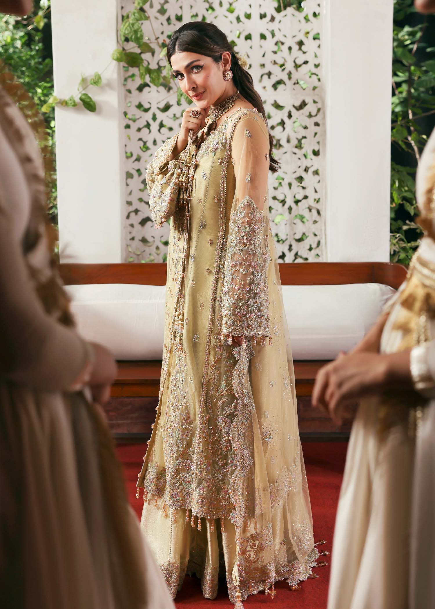 Kanwal Malik Maahi Festive 2025 Rukhsaar in champagne – hand-embellished net shirt with cutwork neckline, embroidered dupatta, and tissue inner, available at Highway Fashion