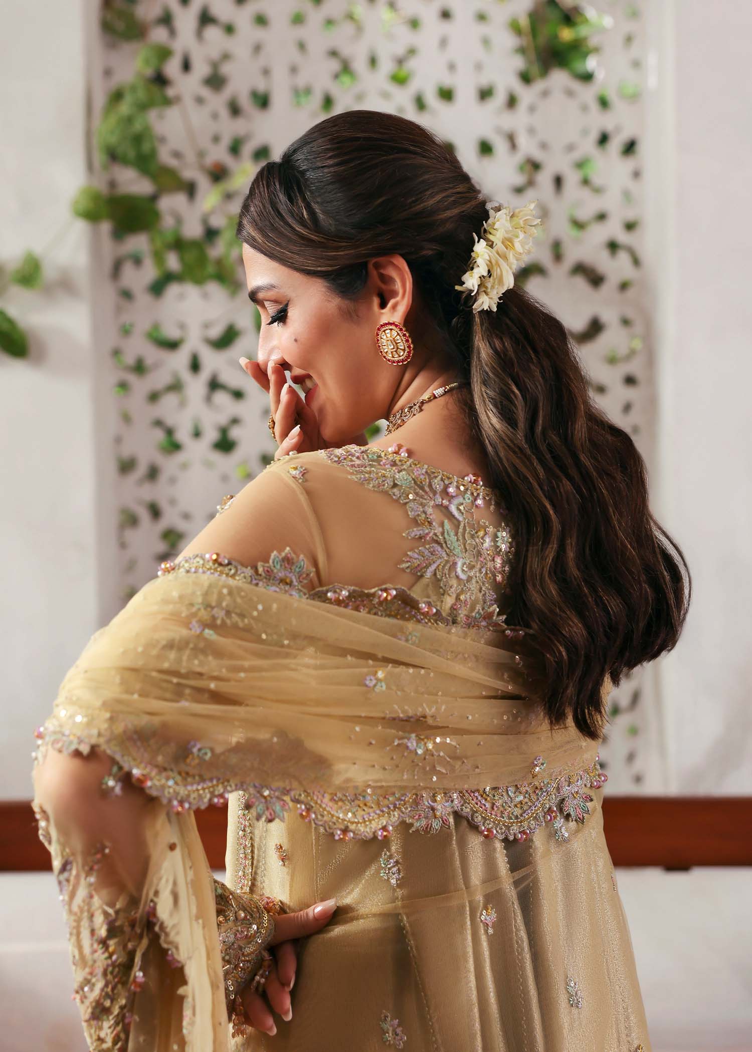 Kanwal Malik Maahi Festive 2025 Rukhsaar in champagne – hand-embellished net shirt with cutwork neckline, embroidered dupatta, and tissue inner, available at Highway Fashion